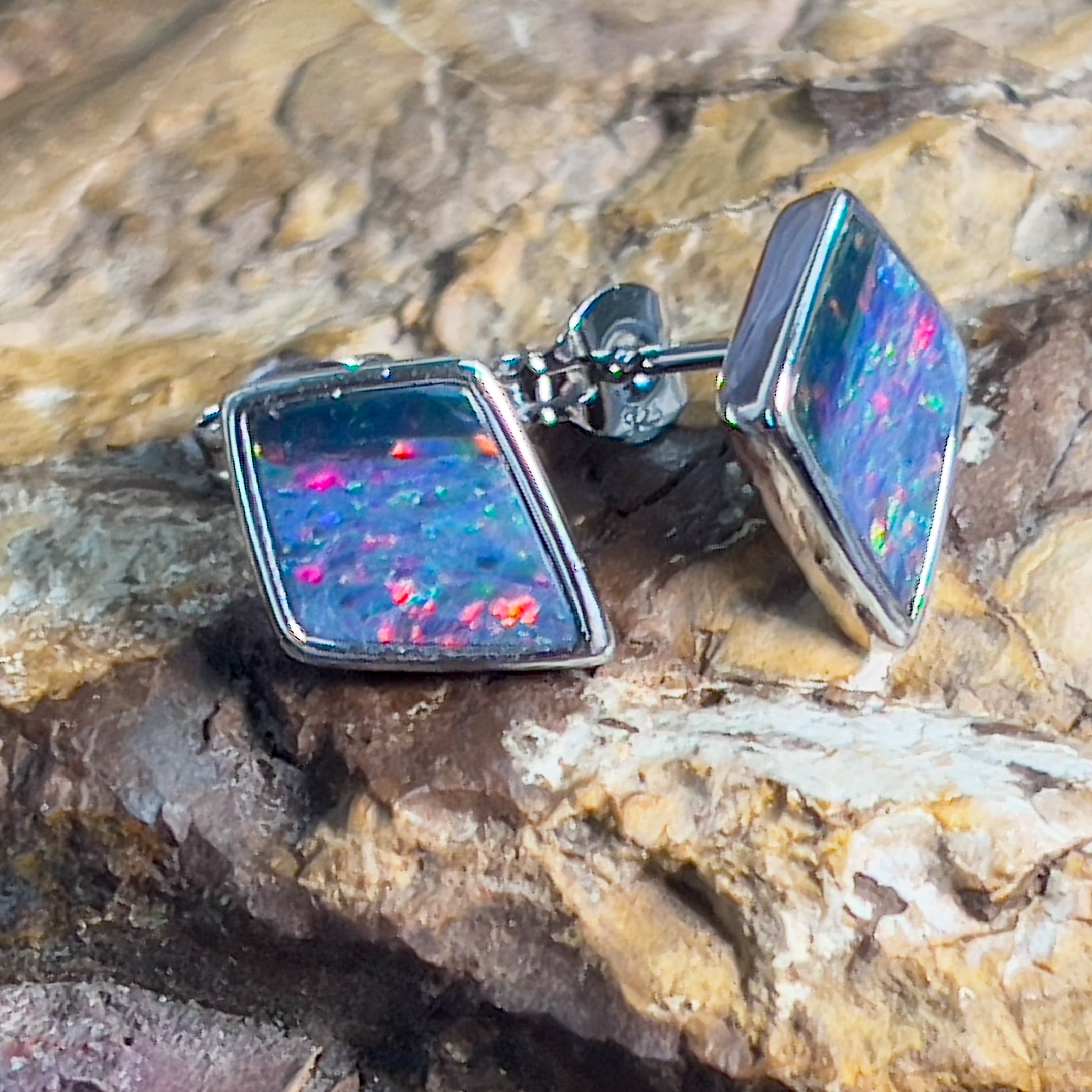 Sterling Silver diamond shape Opal doublet studs - Masterpiece Jewellery Opal & Gems Sydney Australia | Online Shop