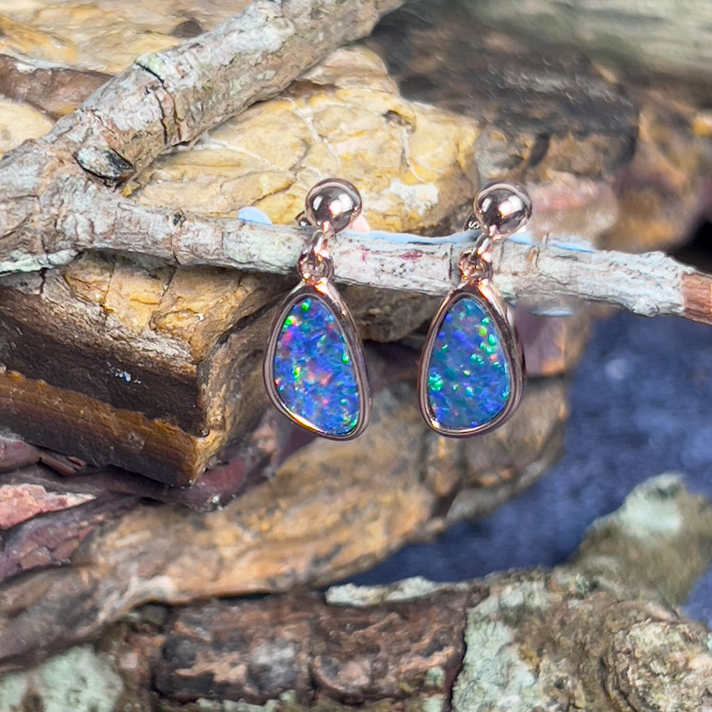 Rose Gold plated silver dangling Opal doublet earrings - Masterpiece Jewellery Opal & Gems Sydney Australia | Online Shop
