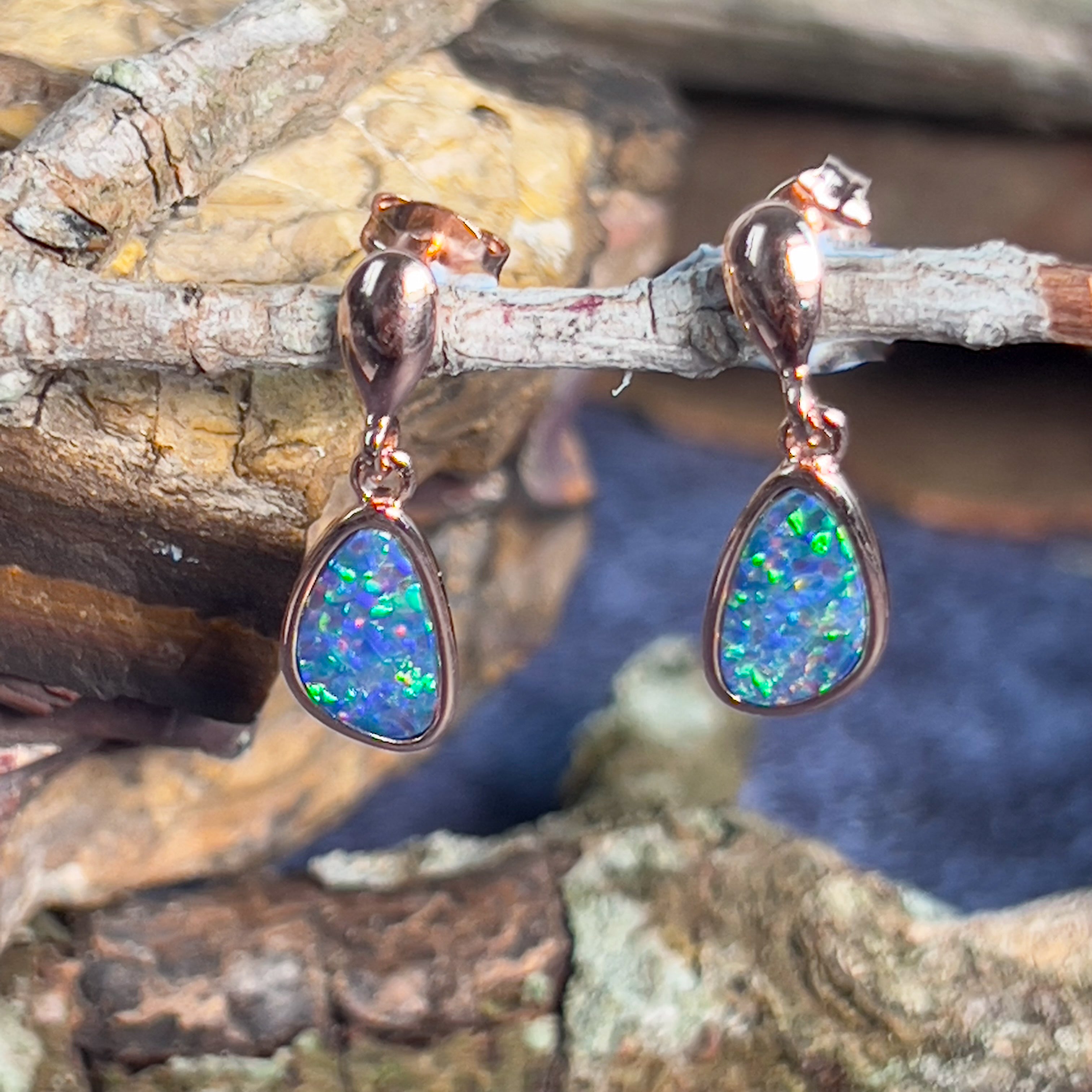 Rose Gold plated Sterling Silver dangling drop Opal doublet earrings - Masterpiece Jewellery Opal & Gems Sydney Australia | Online Shop