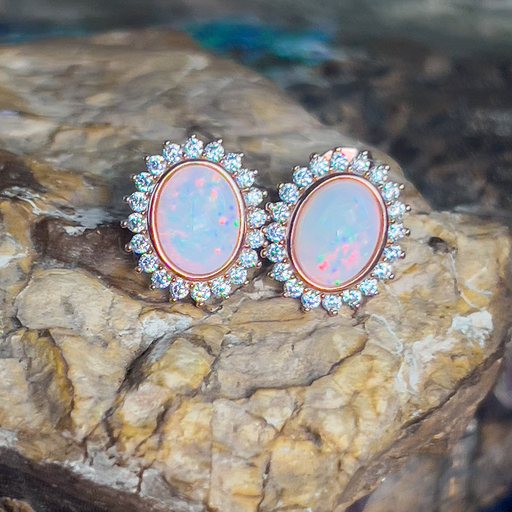 Rose Gold plated silver oval shape White Opal cluster earrings - Masterpiece Jewellery Opal & Gems Sydney Australia | Online Shop
