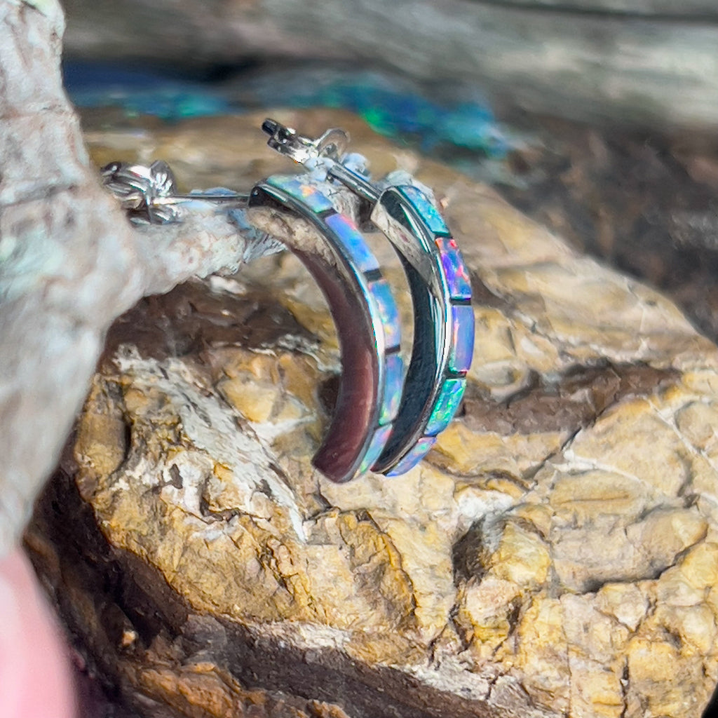 Sterling Silver Fire Opal inlay with blue straight huggie style earrings - Masterpiece Jewellery Opal & Gems Sydney Australia | Online Shop