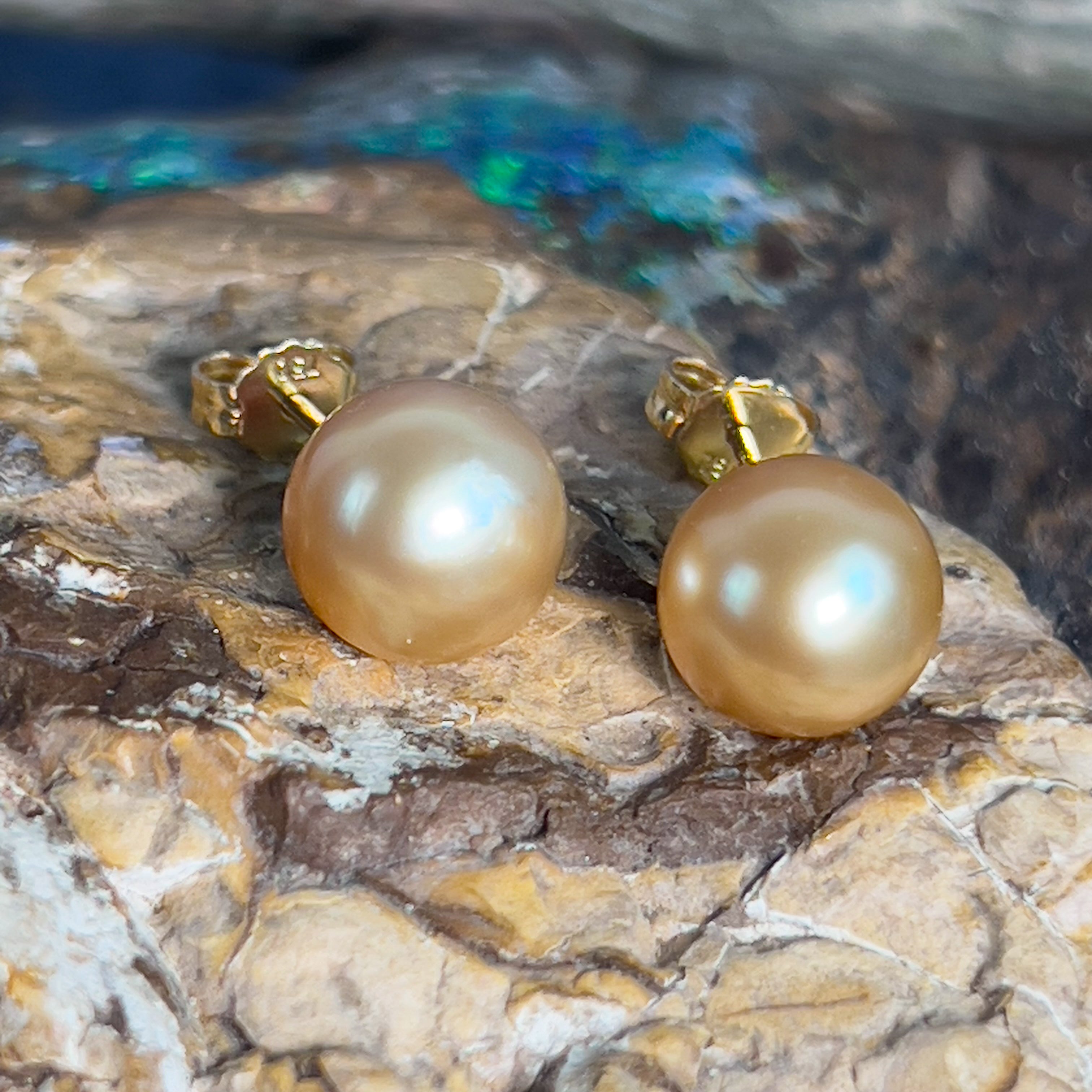 Pair of South Sea Golden pearl 9-10mm studs with 18kt Yellow Gold studs - Masterpiece Jewellery Opal & Gems Sydney Australia | Online Shop