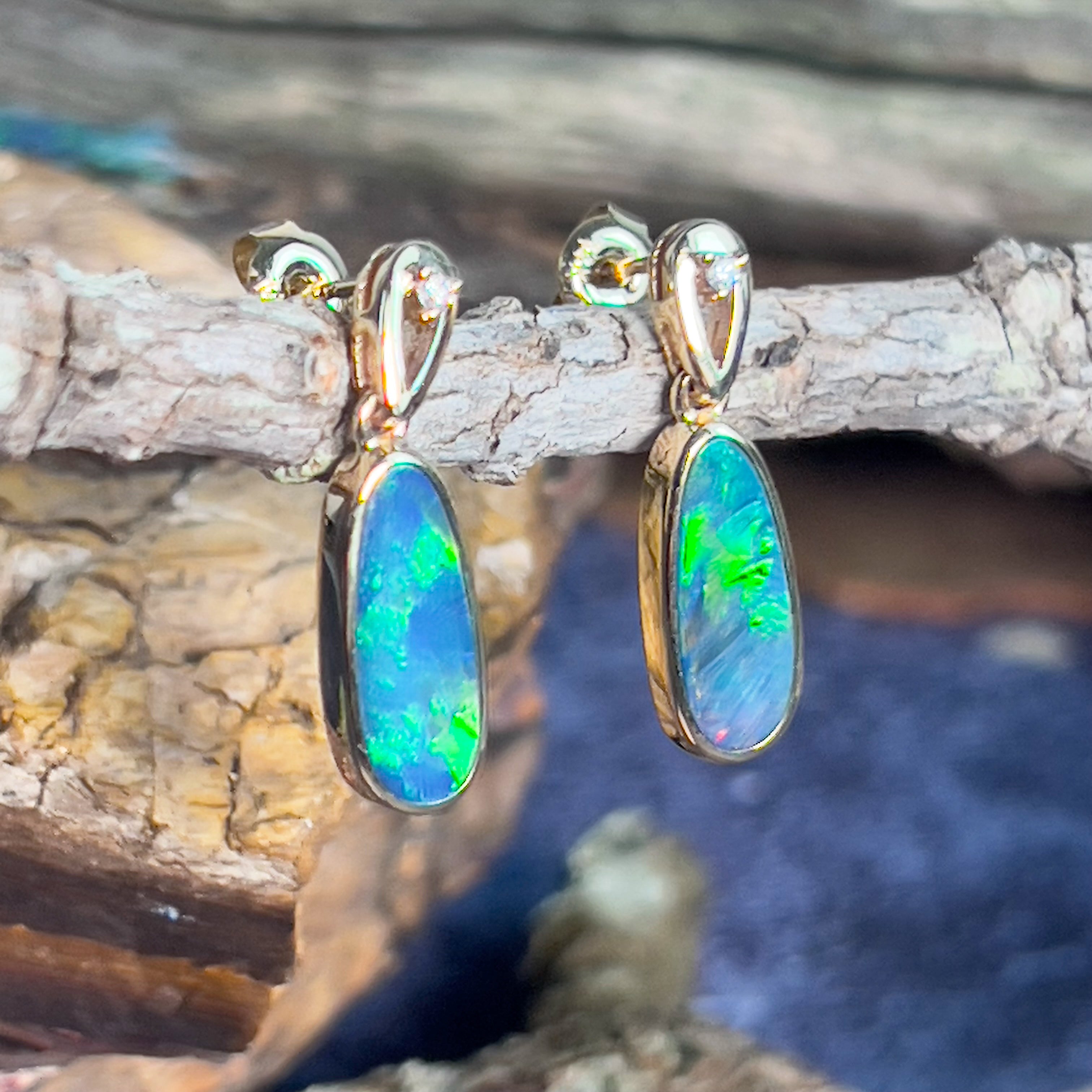 14kt Yellow Gold dangling earrings set with Opal doublets and diamonds - Masterpiece Jewellery Opal & Gems Sydney Australia | Online Shop