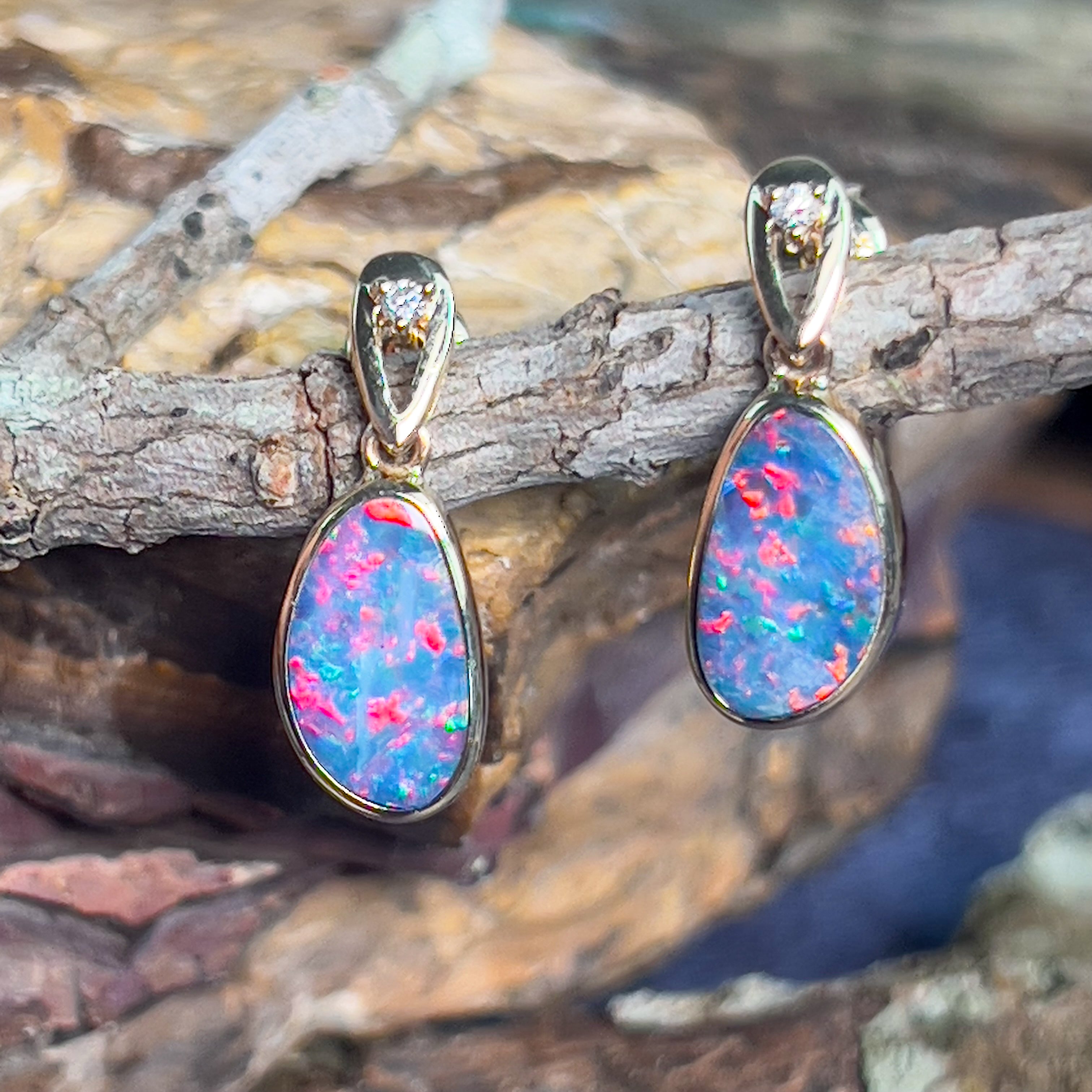 14kt Yellow Gold pair of dangling Opal doublet 3.32ct earrings - Masterpiece Jewellery Opal & Gems Sydney Australia | Online Shop