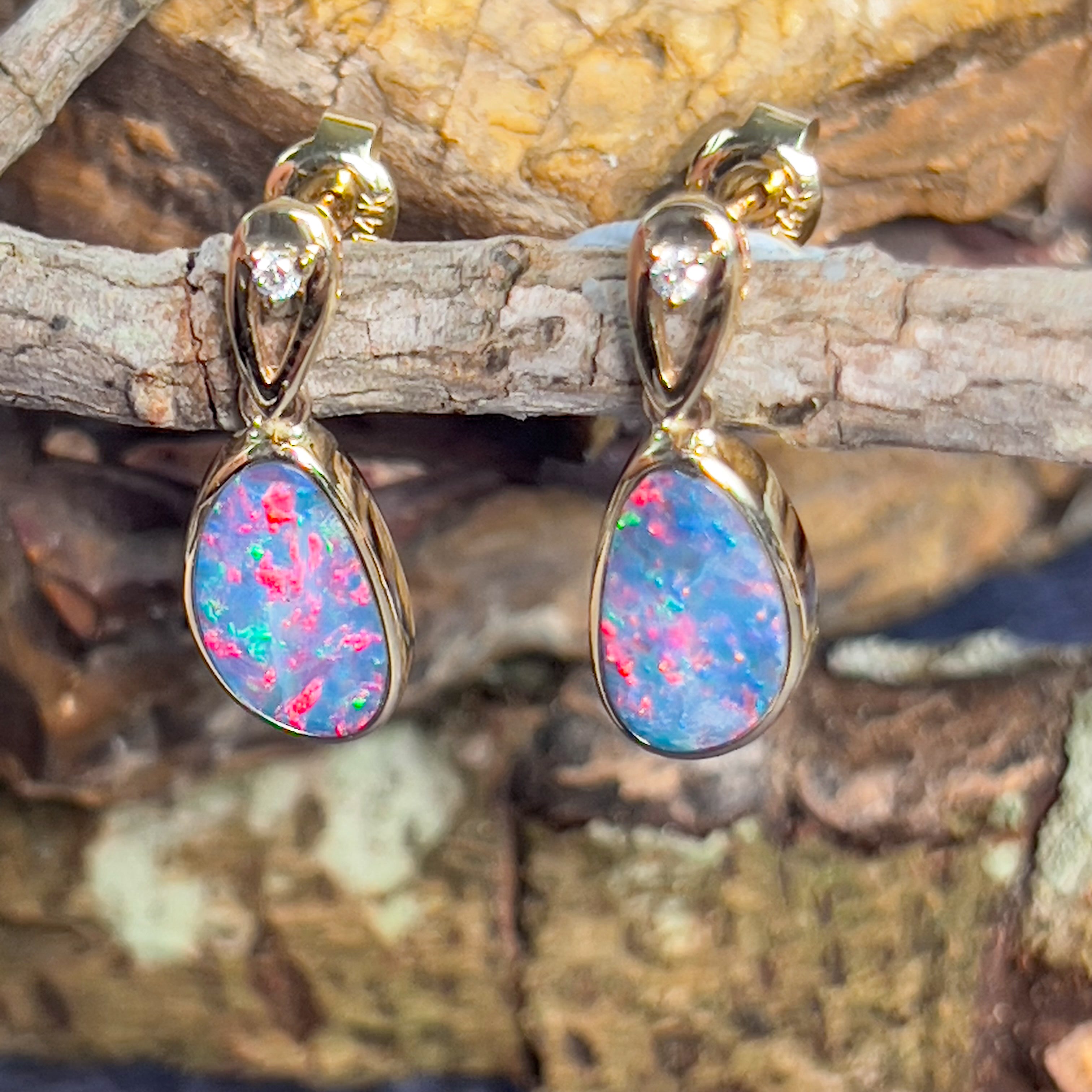 14kt Yellow Gold pair of dangling Opal doublet 3.32ct earrings - Masterpiece Jewellery Opal & Gems Sydney Australia | Online Shop