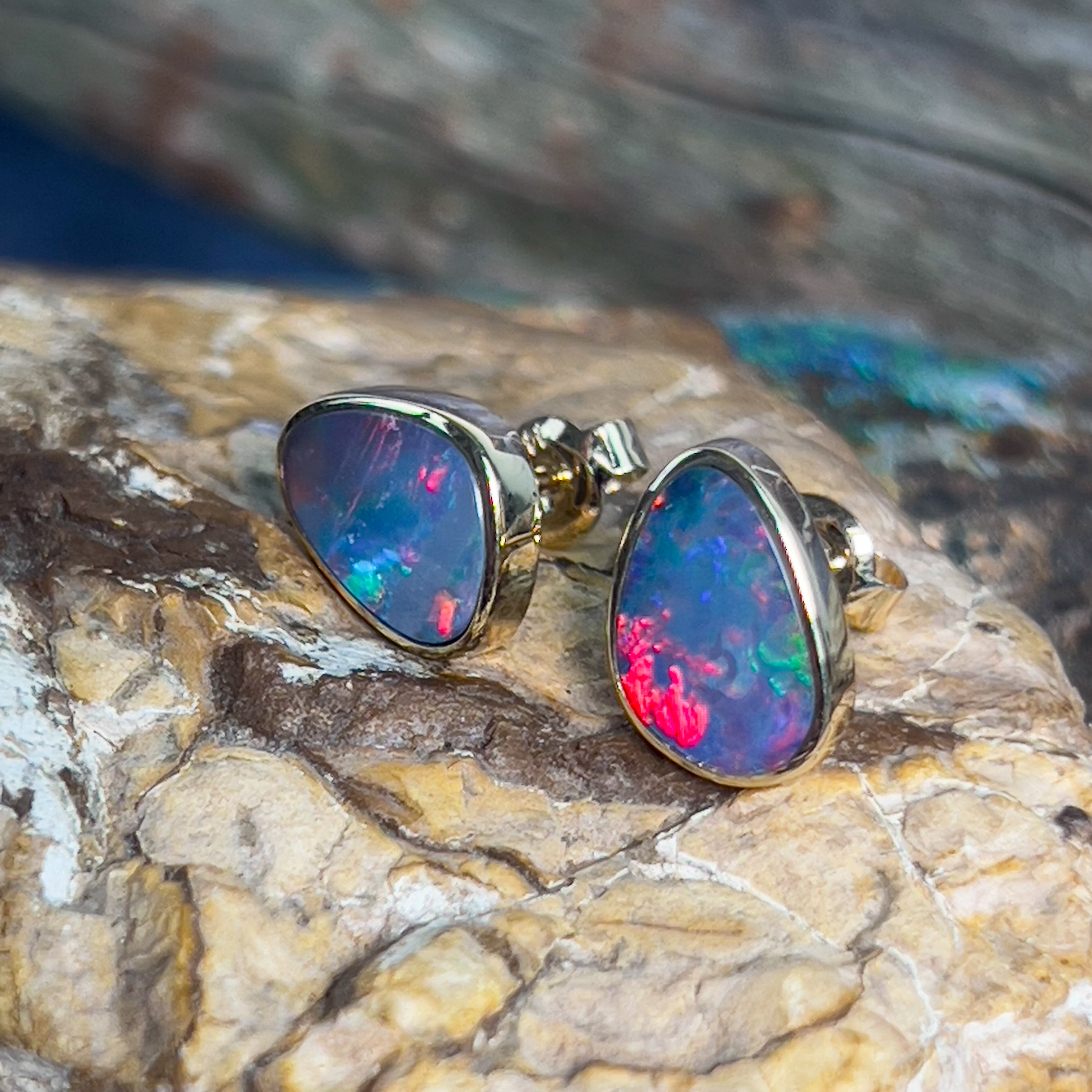 14kt Yellow Gold studs 3.65ct Opal doublet - Masterpiece Jewellery Opal & Gems Sydney Australia | Online Shop
