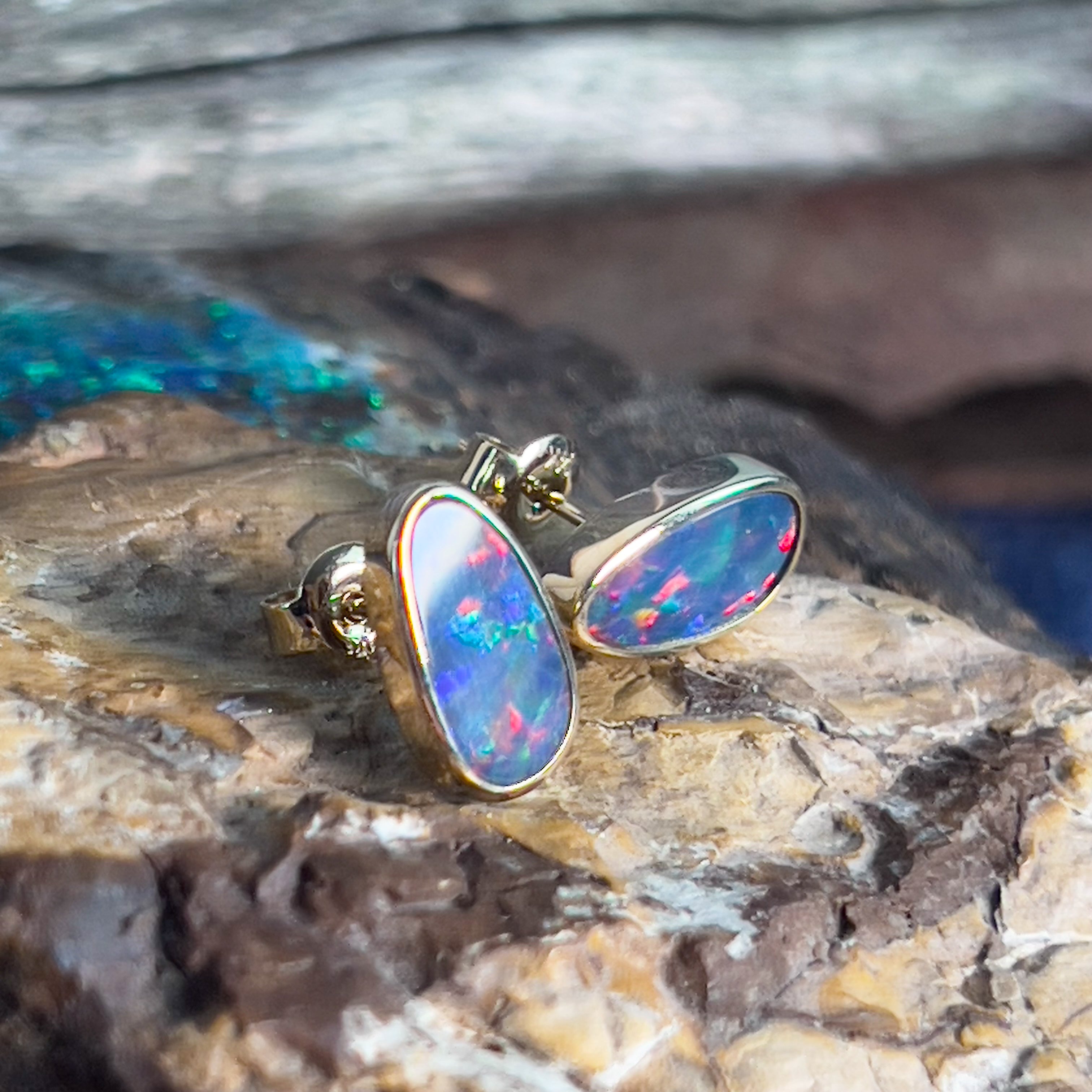 14kt long oval freeform Opal doublet studs - Masterpiece Jewellery Opal & Gems Sydney Australia | Online Shop