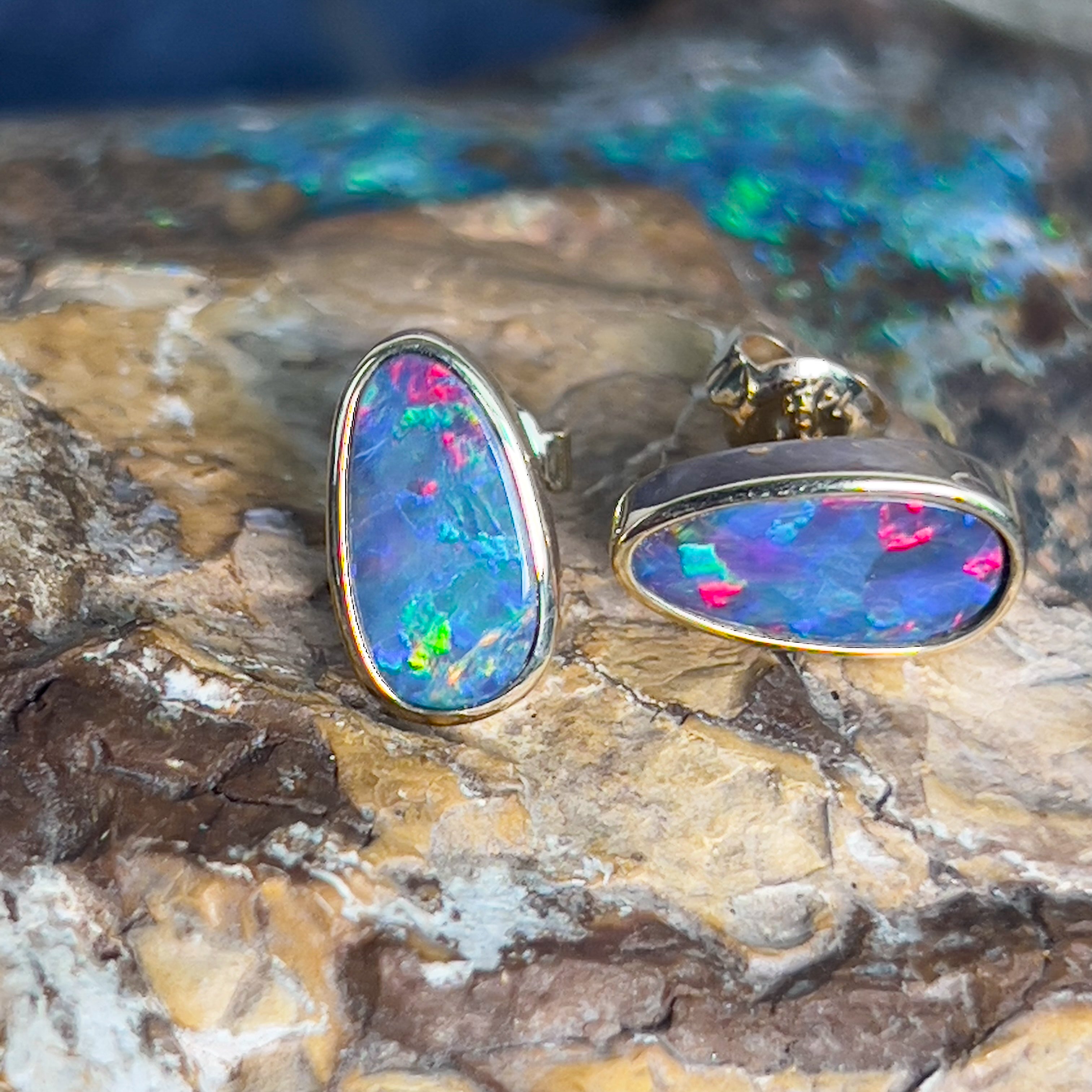 14kt long oval freeform Opal doublet studs - Masterpiece Jewellery Opal & Gems Sydney Australia | Online Shop