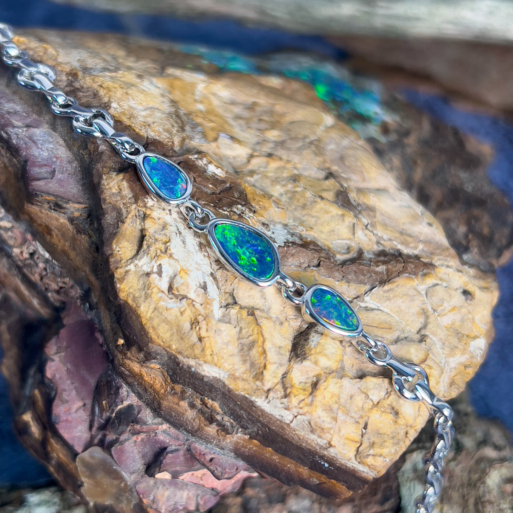 Sterling Silver freeform Blue Green Opal doublet bracelet - Masterpiece Jewellery Opal & Gems Sydney Australia | Online Shop