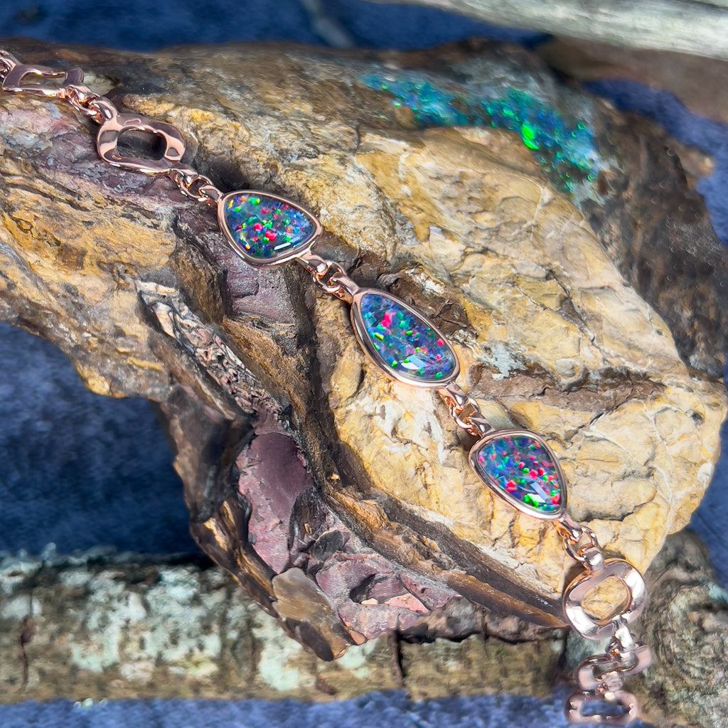 Rose Gold plated silver bracelet with freeform Opal triplets - Masterpiece Jewellery Opal & Gems Sydney Australia | Online Shop