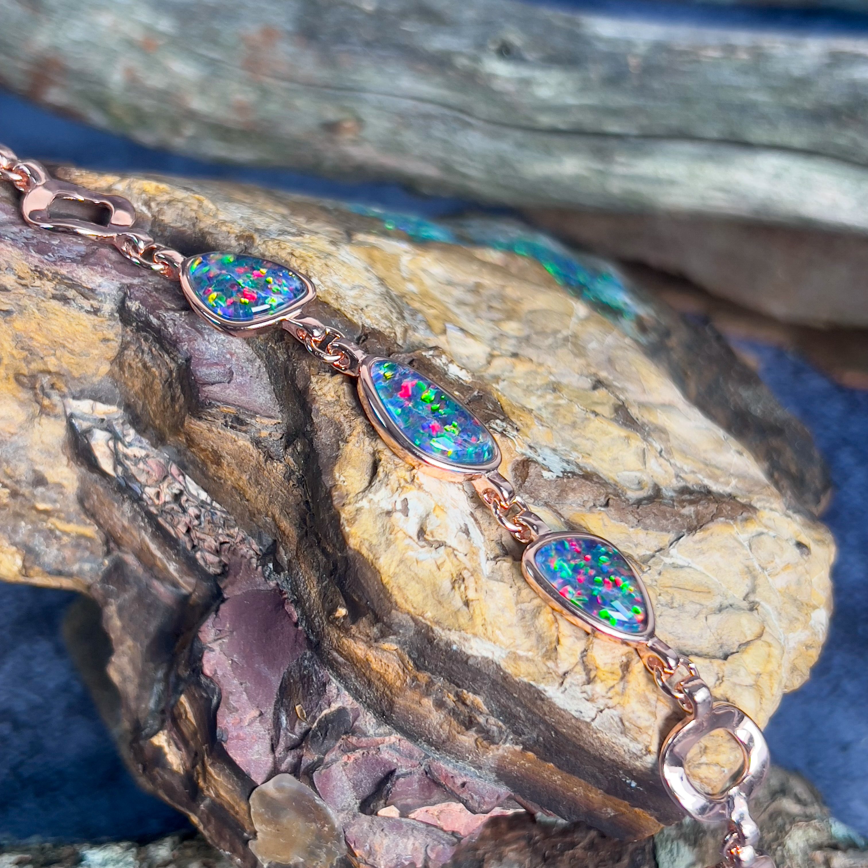 Rose Gold plated silver bracelet with freeform Opal triplets - Masterpiece Jewellery Opal & Gems Sydney Australia | Online Shop