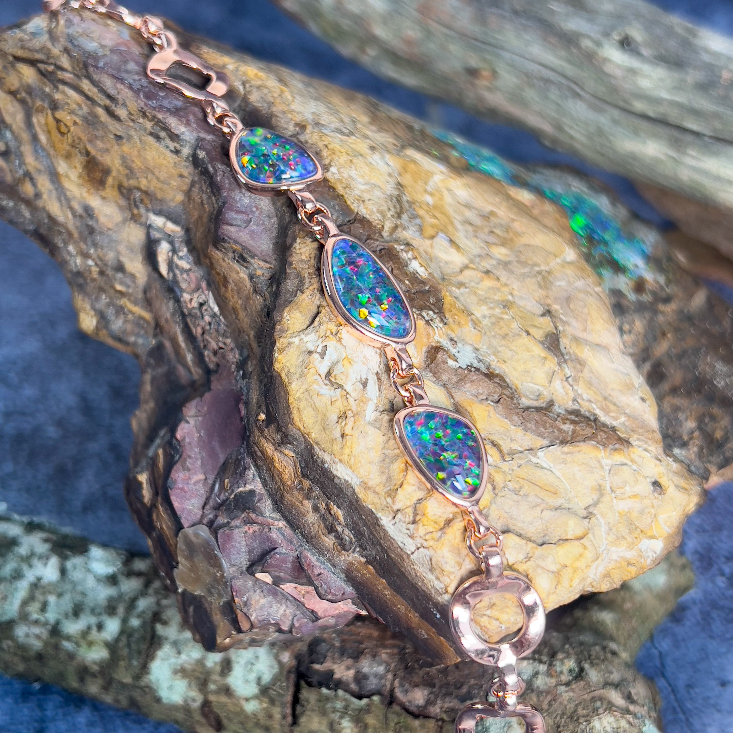 Rose Gold plated silver bracelet with freeform Opal triplets - Masterpiece Jewellery Opal & Gems Sydney Australia | Online Shop