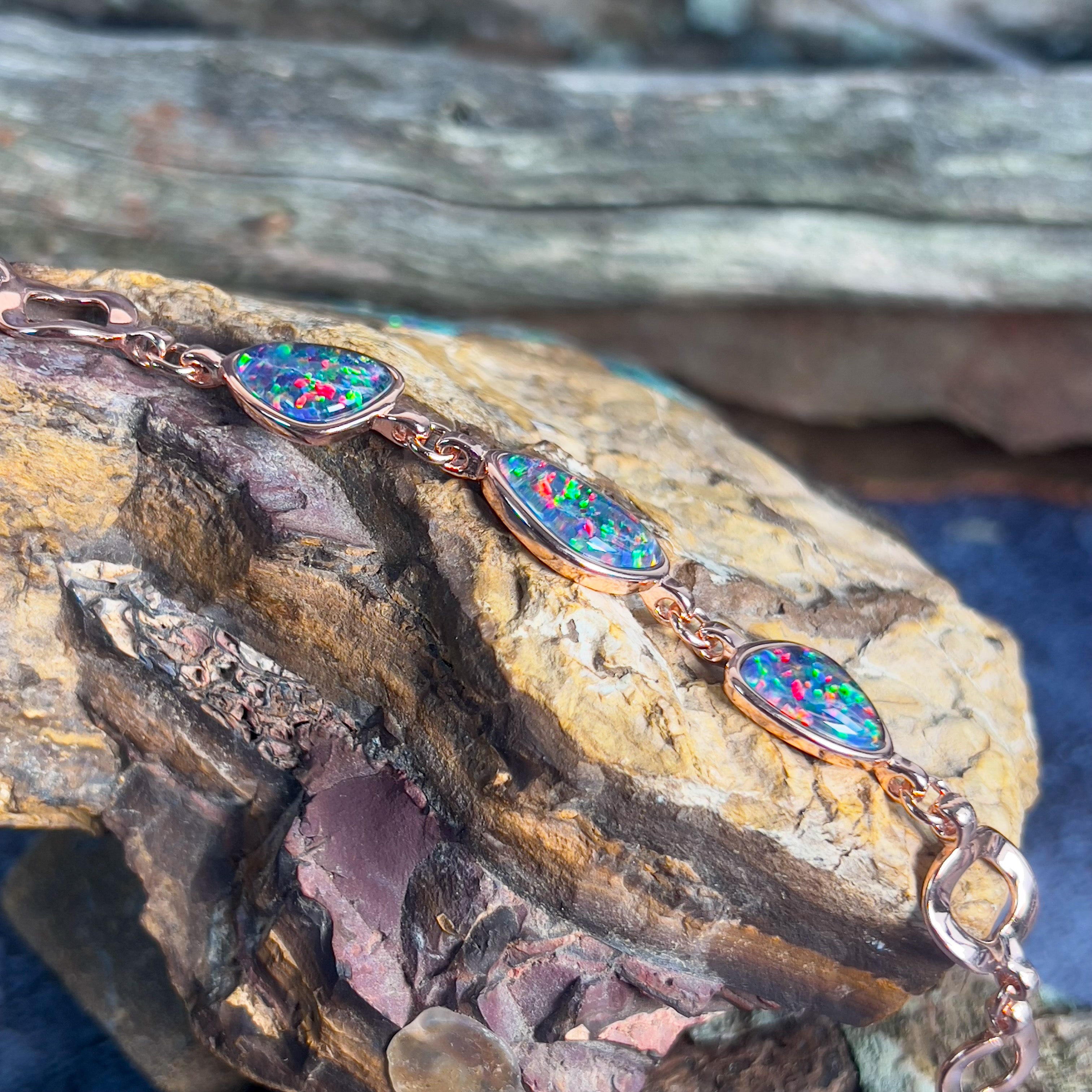 Rose Gold plated silver bracelet with freeform Opal triplets - Masterpiece Jewellery Opal & Gems Sydney Australia | Online Shop