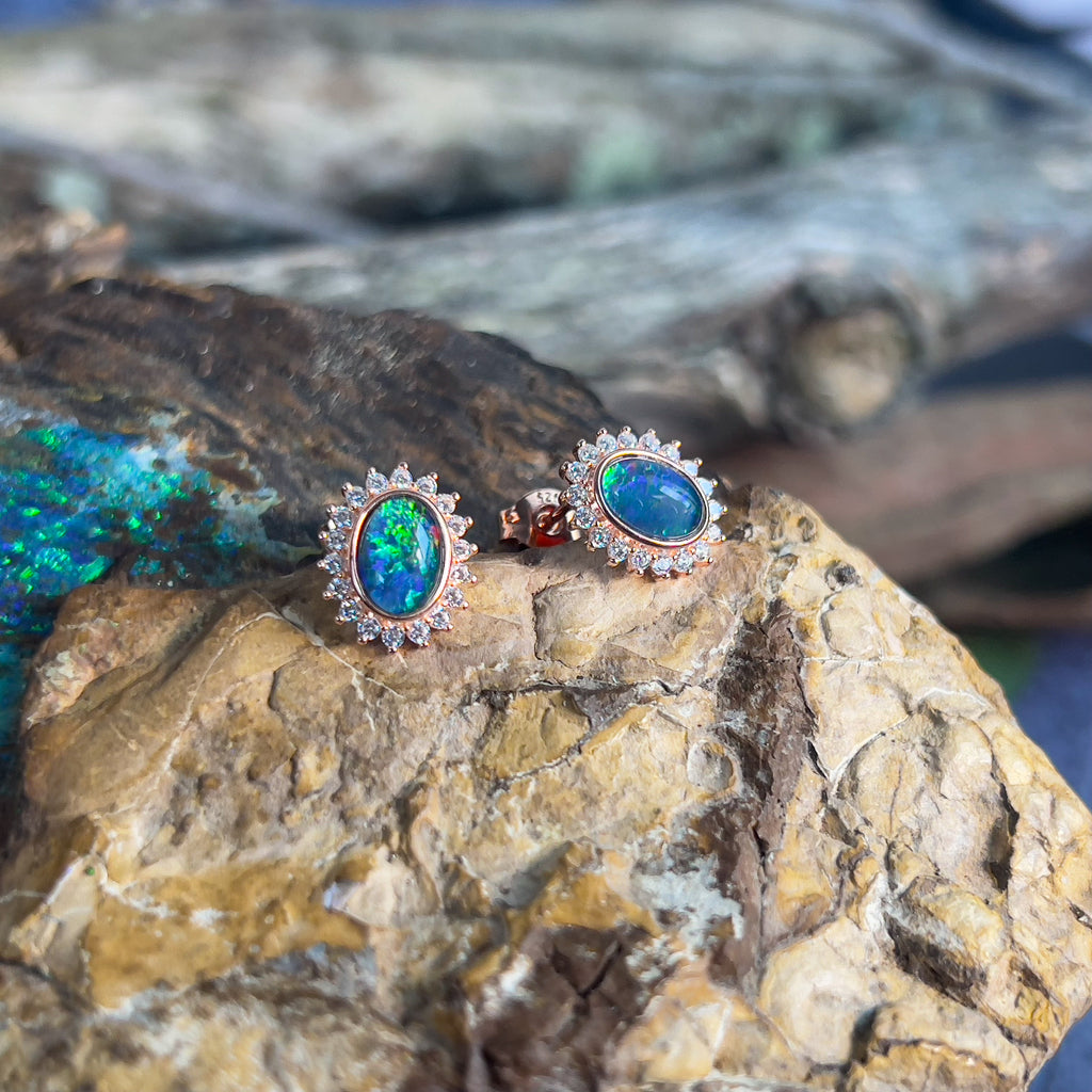 Rose Gold plated silver stud cluster Opal triplet earrings - Masterpiece Jewellery Opal & Gems Sydney Australia | Online Shop