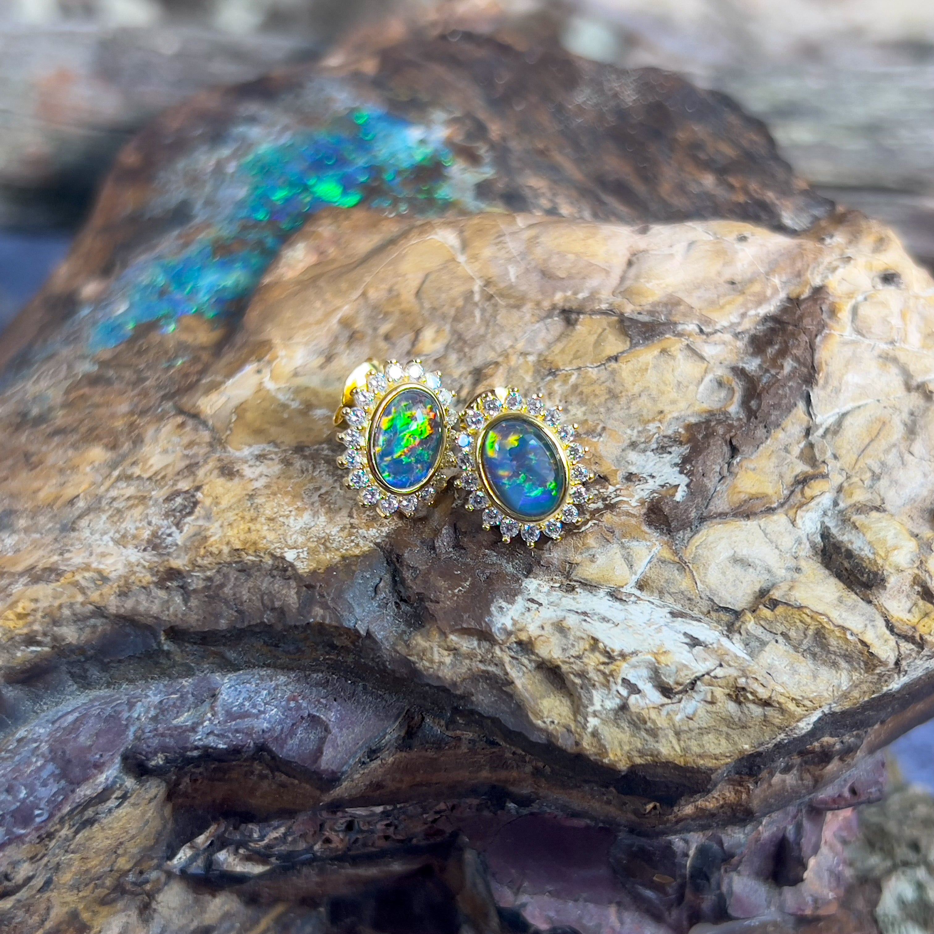 Gold plated Opal triplet 7x5mm cluster stud earrings - Masterpiece Jewellery Opal & Gems Sydney Australia | Online Shop