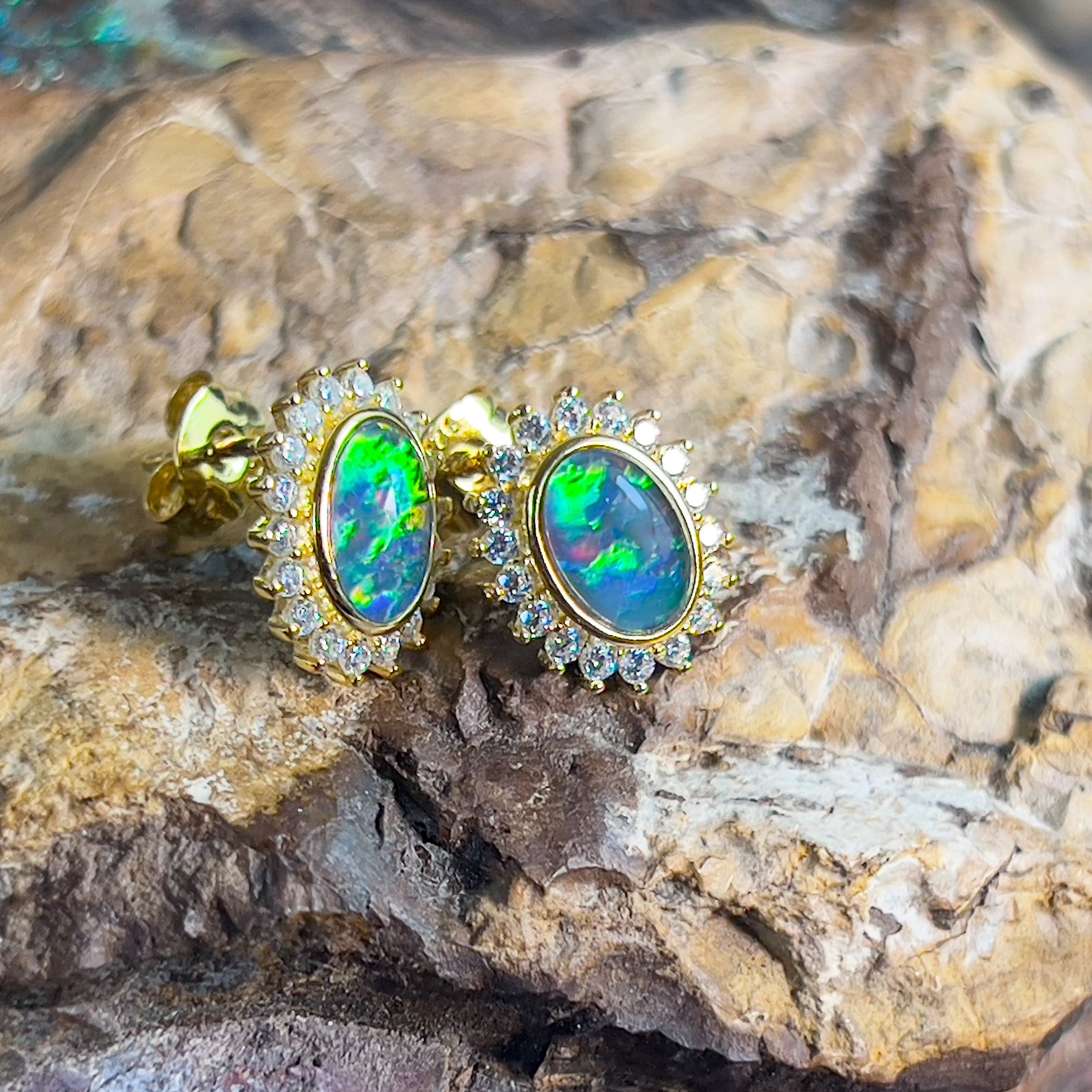 Gold plated Opal triplet 7x5mm cluster stud earrings - Masterpiece Jewellery Opal & Gems Sydney Australia | Online Shop