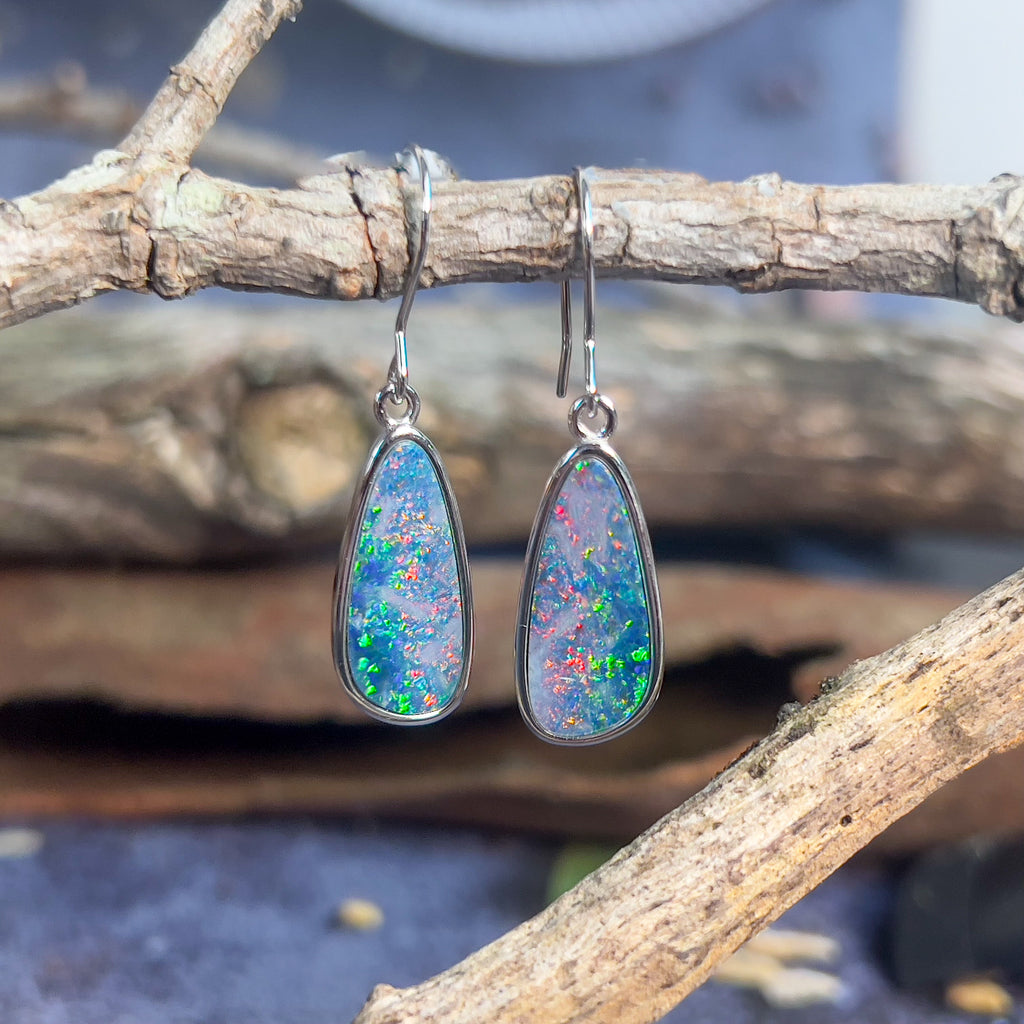 Sterling Silver dangling pearshape freeform Opal multi colour dangling earrings - Masterpiece Jewellery Opal & Gems Sydney Australia | Online Shop