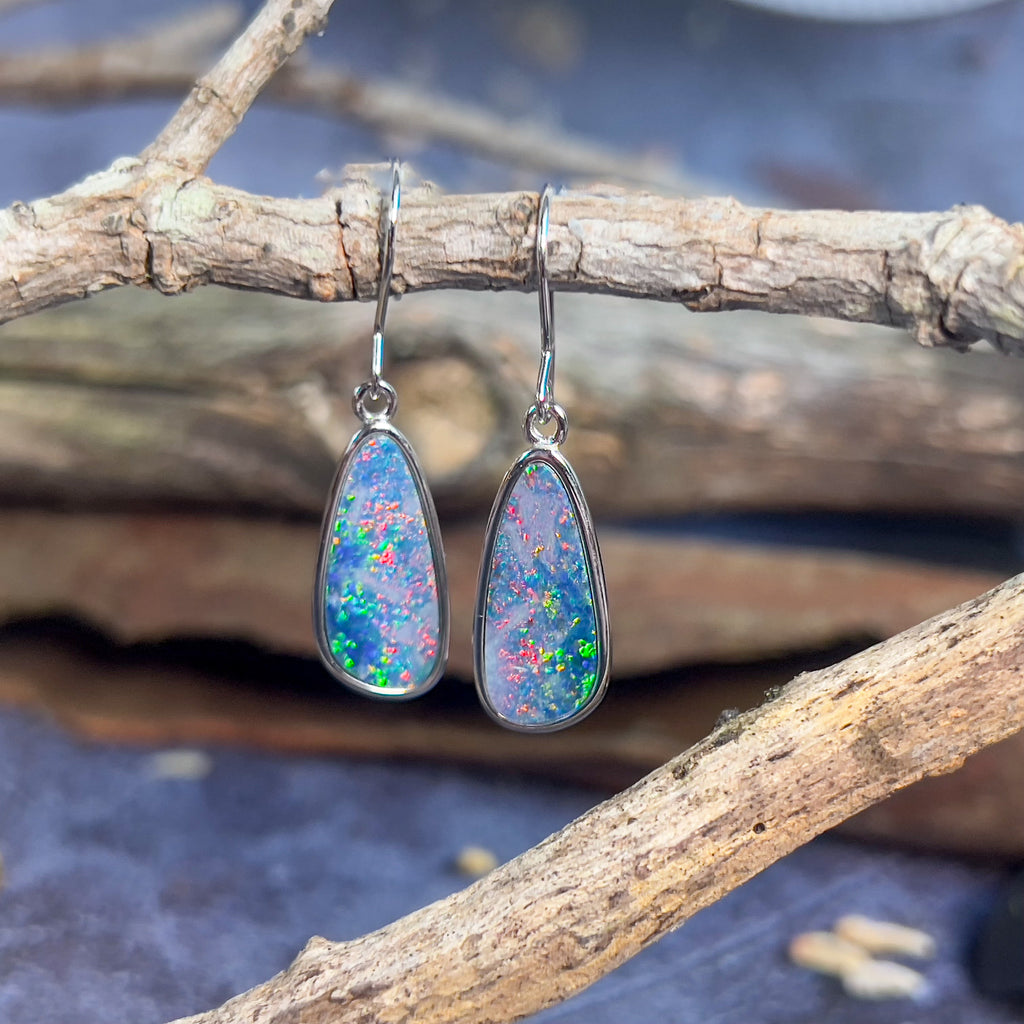 Sterling Silver dangling pearshape freeform Opal multi colour dangling earrings - Masterpiece Jewellery Opal & Gems Sydney Australia | Online Shop