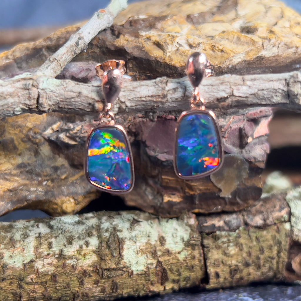 Rose Gold plated sterling silver dangling Opal doublet earrings - Masterpiece Jewellery Opal & Gems Sydney Australia | Online Shop