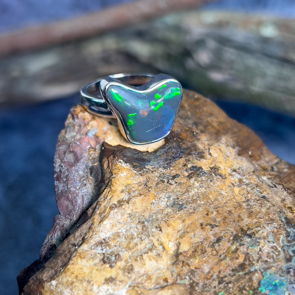 One Black Opal 6.46ct freeform Australia shape silver ring - Masterpiece Jewellery Opal & Gems Sydney Australia | Online Shop