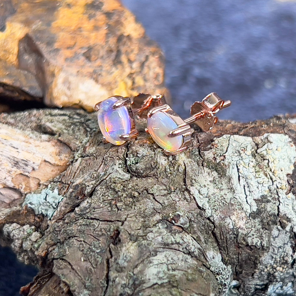 Rose Gold Sterling Silver 6x4mm Light Opal studs claw set - Masterpiece Jewellery Opal & Gems Sydney Australia | Online Shop