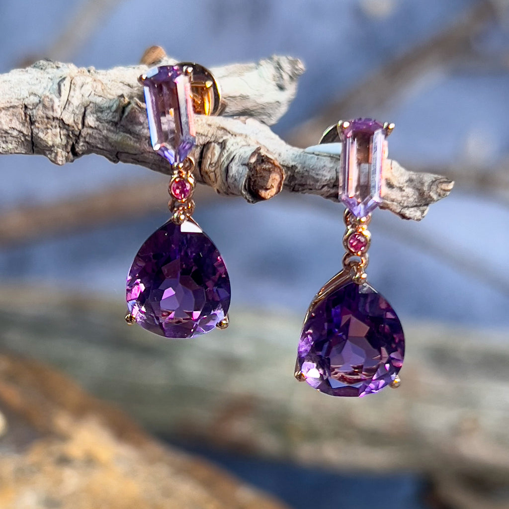 18kt Rose Gold dangling Amethyst 7.6ct earrings - Masterpiece Jewellery Opal & Gems Sydney Australia | Online Shop