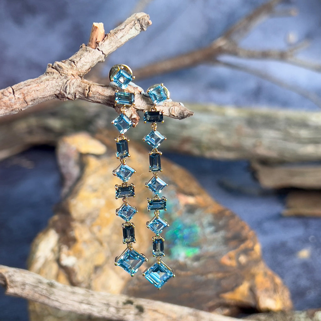 18kt Yellow Gold Long Drop style earrings Blue Topaz - Masterpiece Jewellery Opal & Gems Sydney Australia | Online Shop