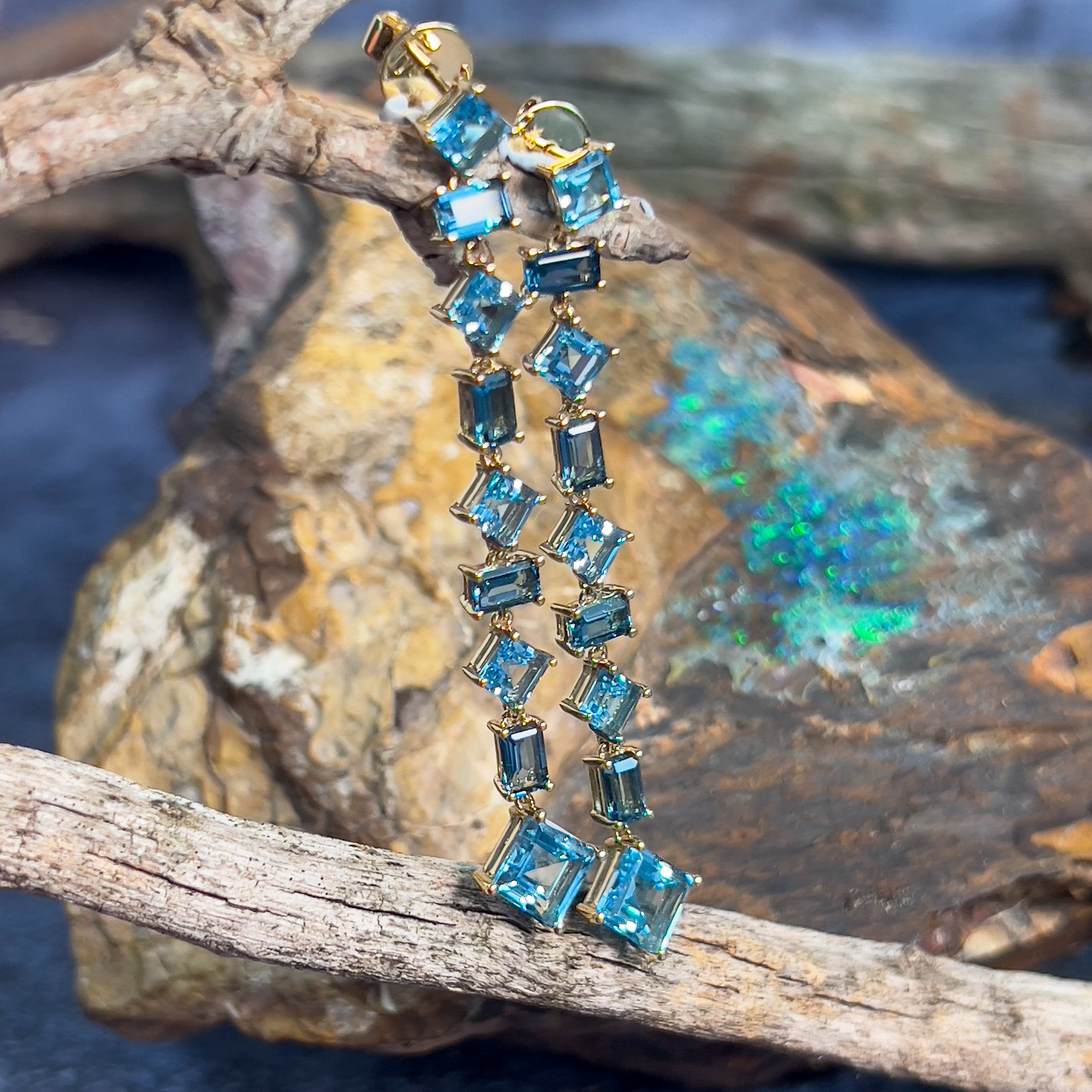 18kt Yellow Gold Long Drop style earrings Blue Topaz - Masterpiece Jewellery Opal & Gems Sydney Australia | Online Shop