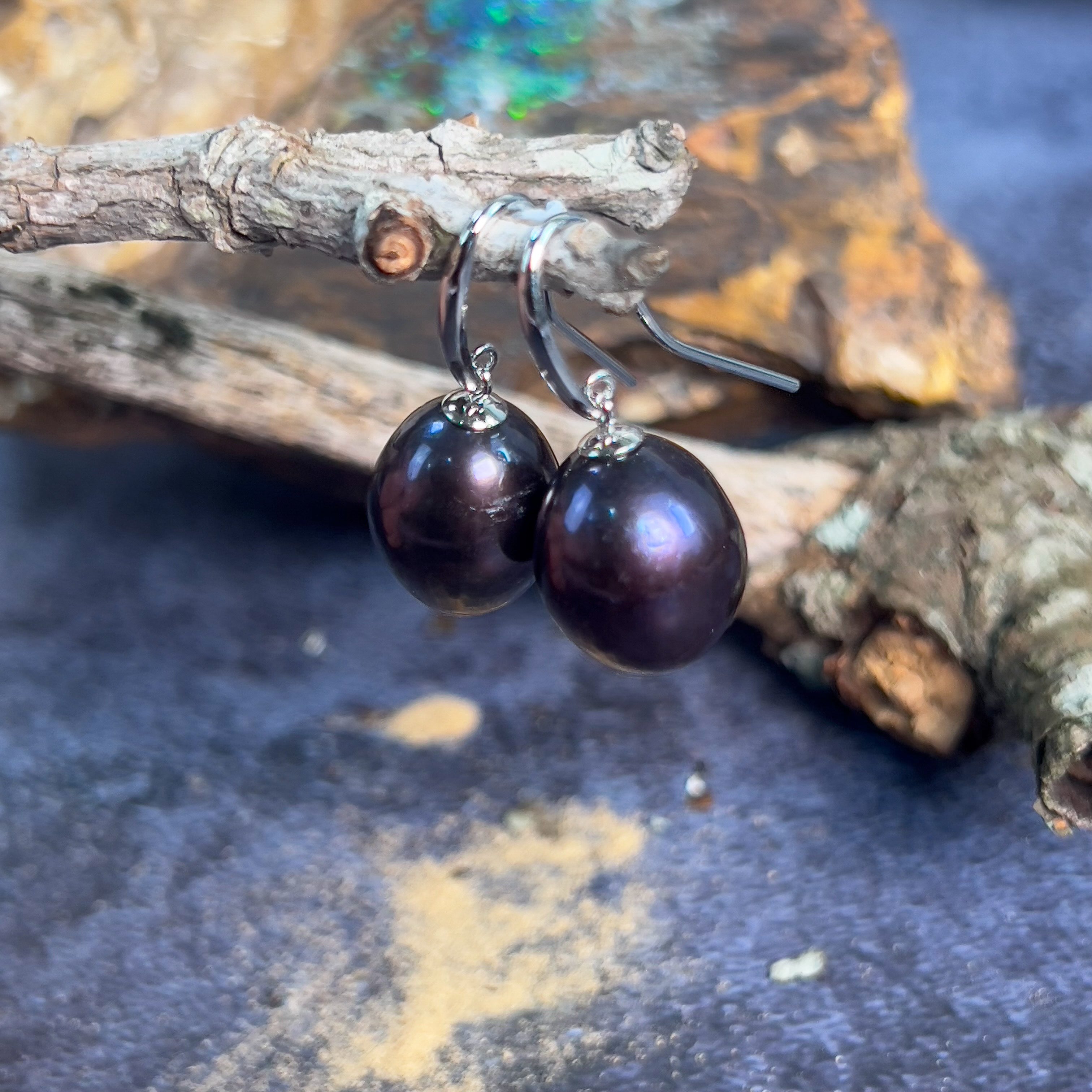 Sterling Silver Hook earrings with Black Pearls drop shape - Masterpiece Jewellery Opal & Gems Sydney Australia | Online Shop