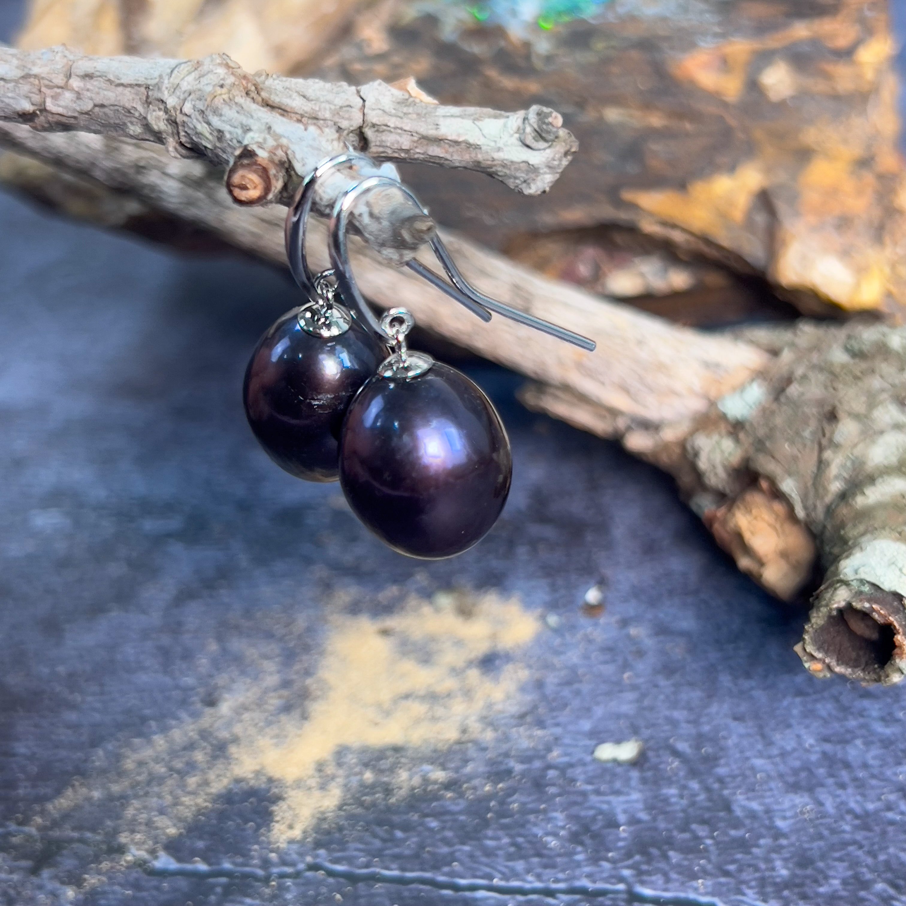 Sterling Silver Hook earrings with Black Pearls drop shape - Masterpiece Jewellery Opal & Gems Sydney Australia | Online Shop