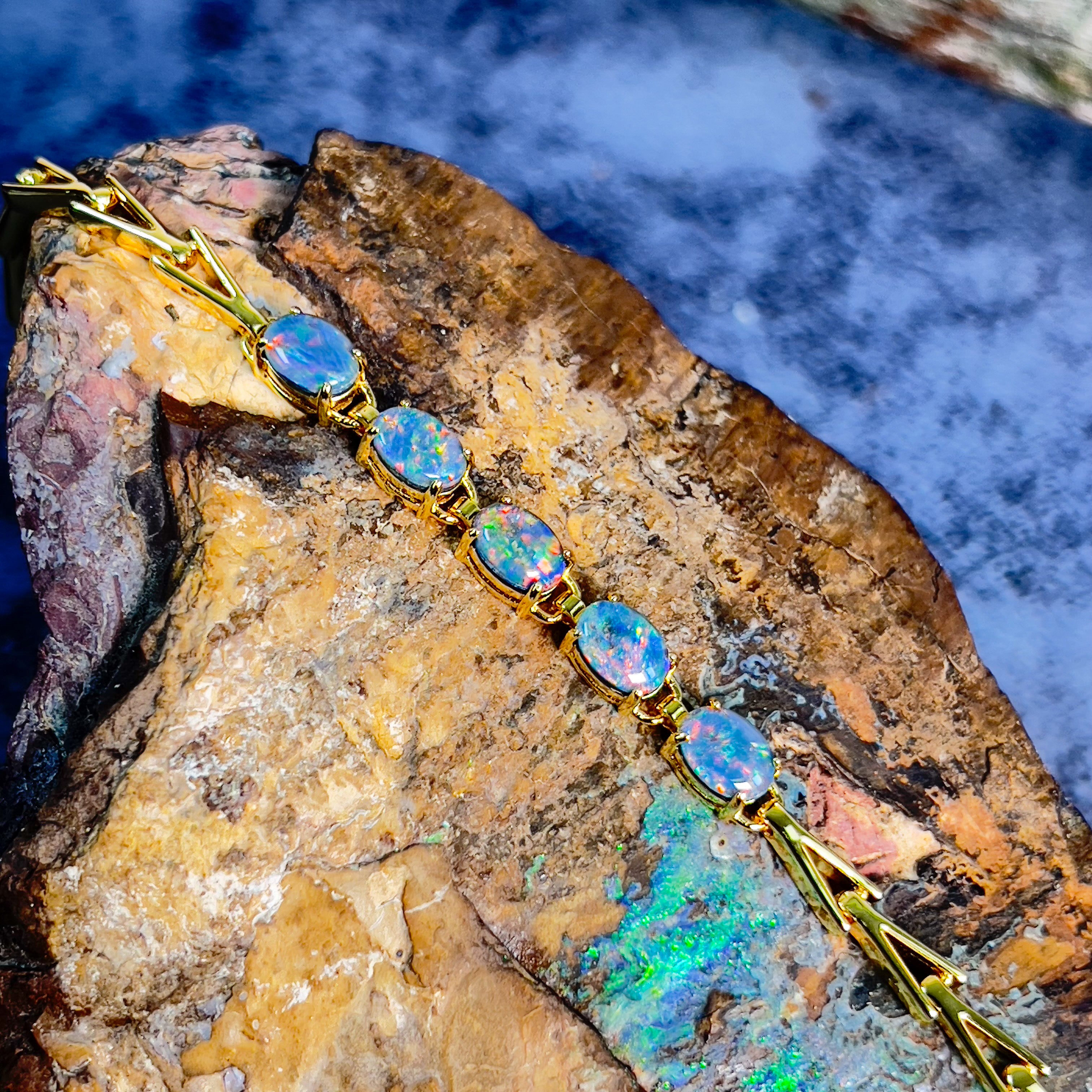 Gold Plated Sterling Silver Opal triplet 7x5mm triangular link shape bracelet - Masterpiece Jewellery Opal & Gems Sydney Australia | Online Shop