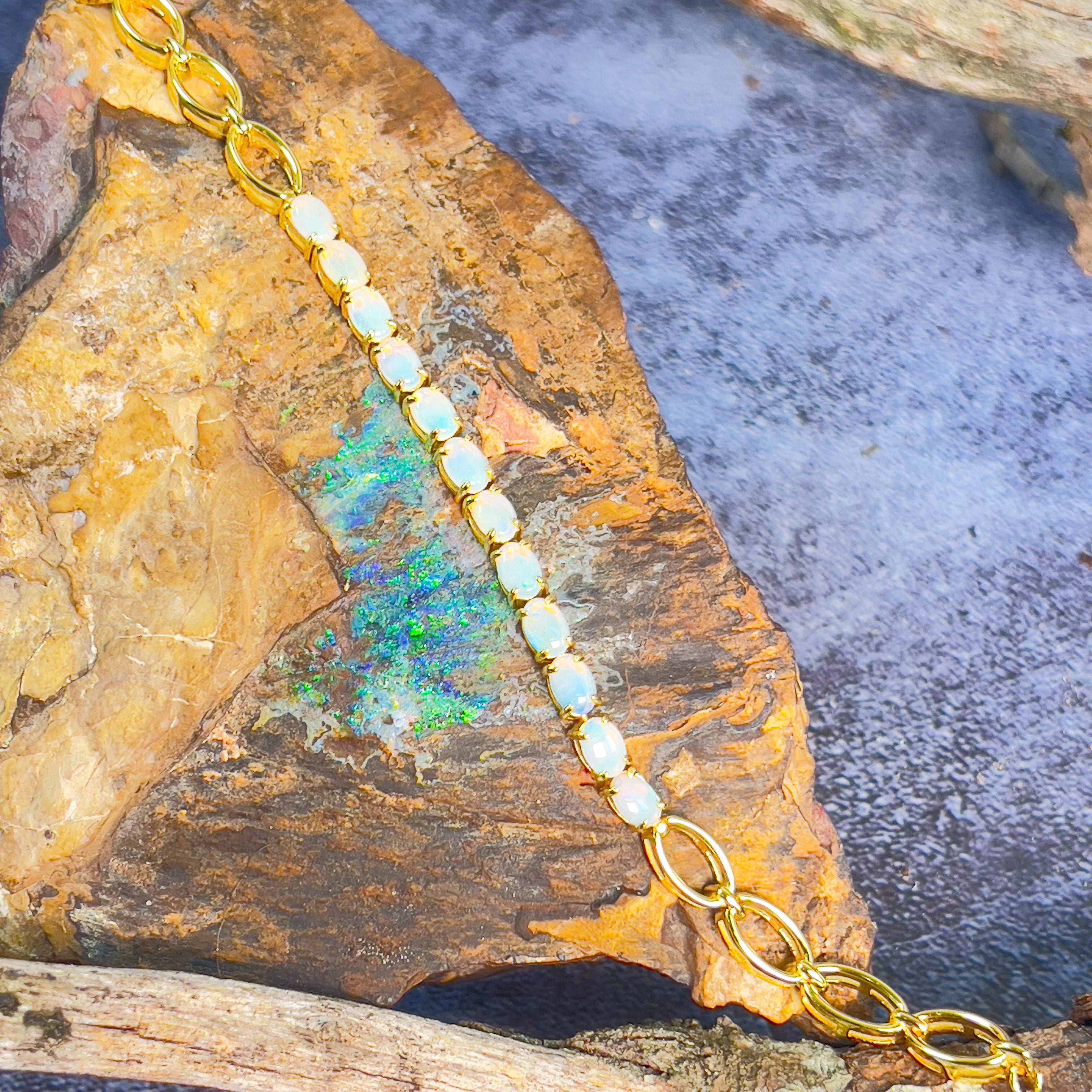 Gold Plate Silver 6x4mm White Opal tennis bracelet style - Masterpiece Jewellery Opal & Gems Sydney Australia | Online Shop