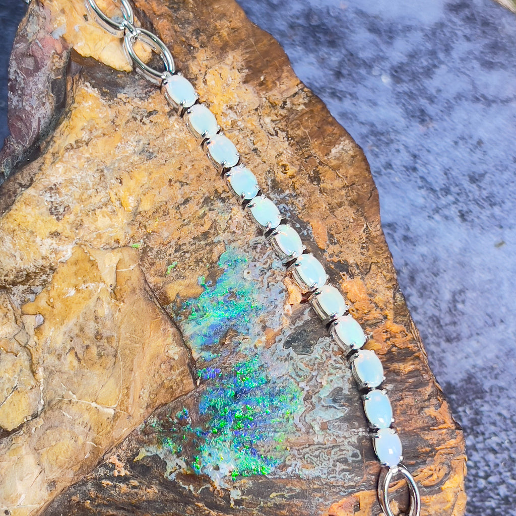 Sterling Silver White Opal 6x4mm tennis bracelet with oval link - Masterpiece Jewellery Opal & Gems Sydney Australia | Online Shop