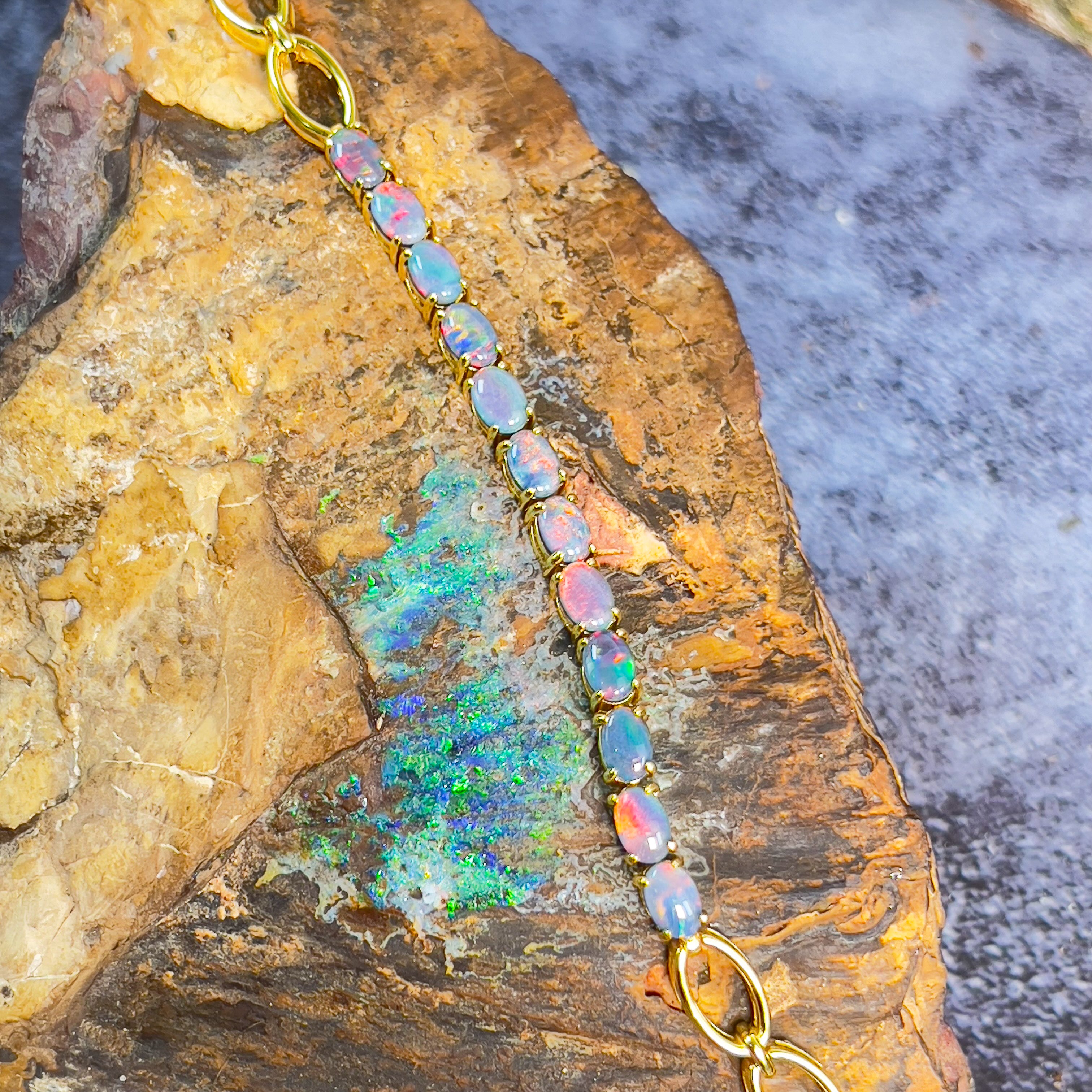 Gold plated Silver 12 6x4mm Opal triplet bracelet - Masterpiece Jewellery Opal & Gems Sydney Australia | Online Shop