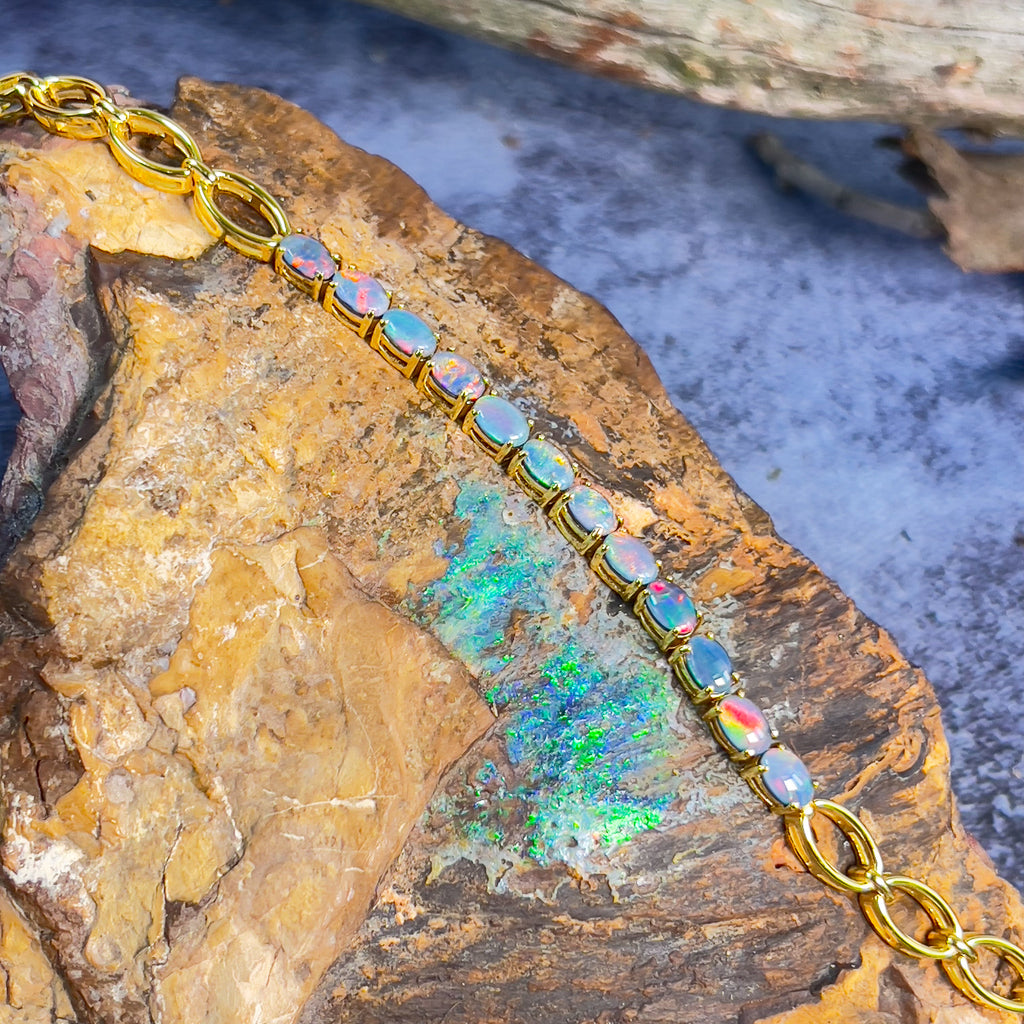 Gold plated Silver 12 6x4mm Opal triplet bracelet - Masterpiece Jewellery Opal & Gems Sydney Australia | Online Shop