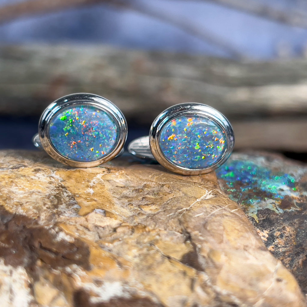 Pair of Sterling Silver Opal Triplet cufflinks 12x10mm - Masterpiece Jewellery Opal & Gems Sydney Australia | Online Shop