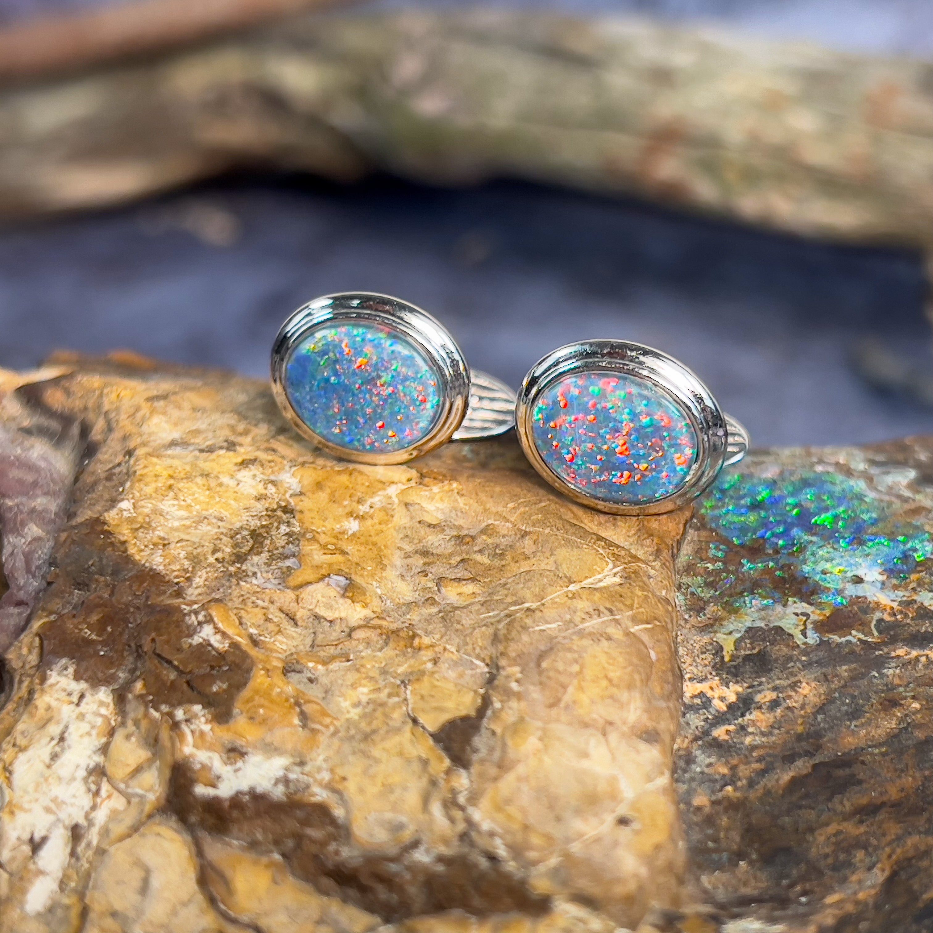 Pair of Sterling Silver Opal Triplet cufflinks 12x10mm - Masterpiece Jewellery Opal & Gems Sydney Australia | Online Shop