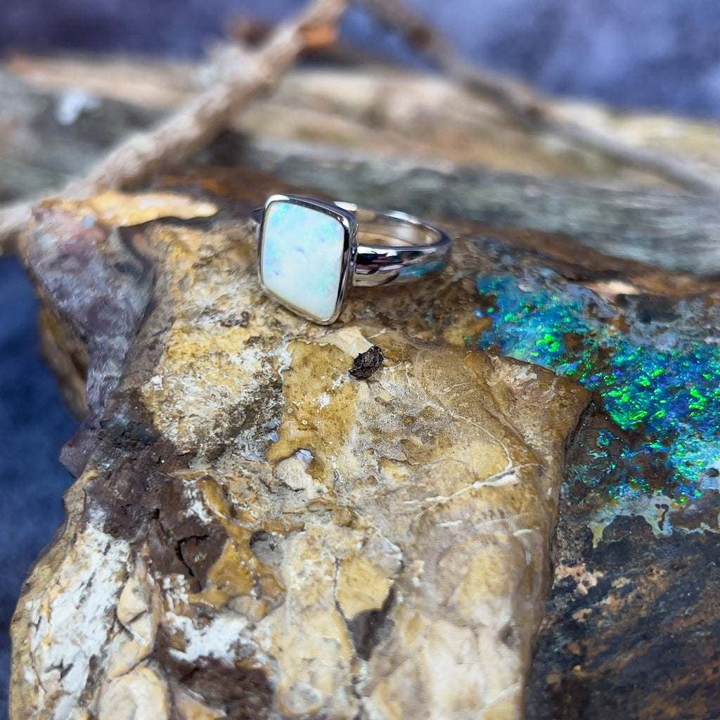 Sterling Silver square freeform White Opal 1.9ct ring - Masterpiece Jewellery Opal & Gems Sydney Australia | Online Shop