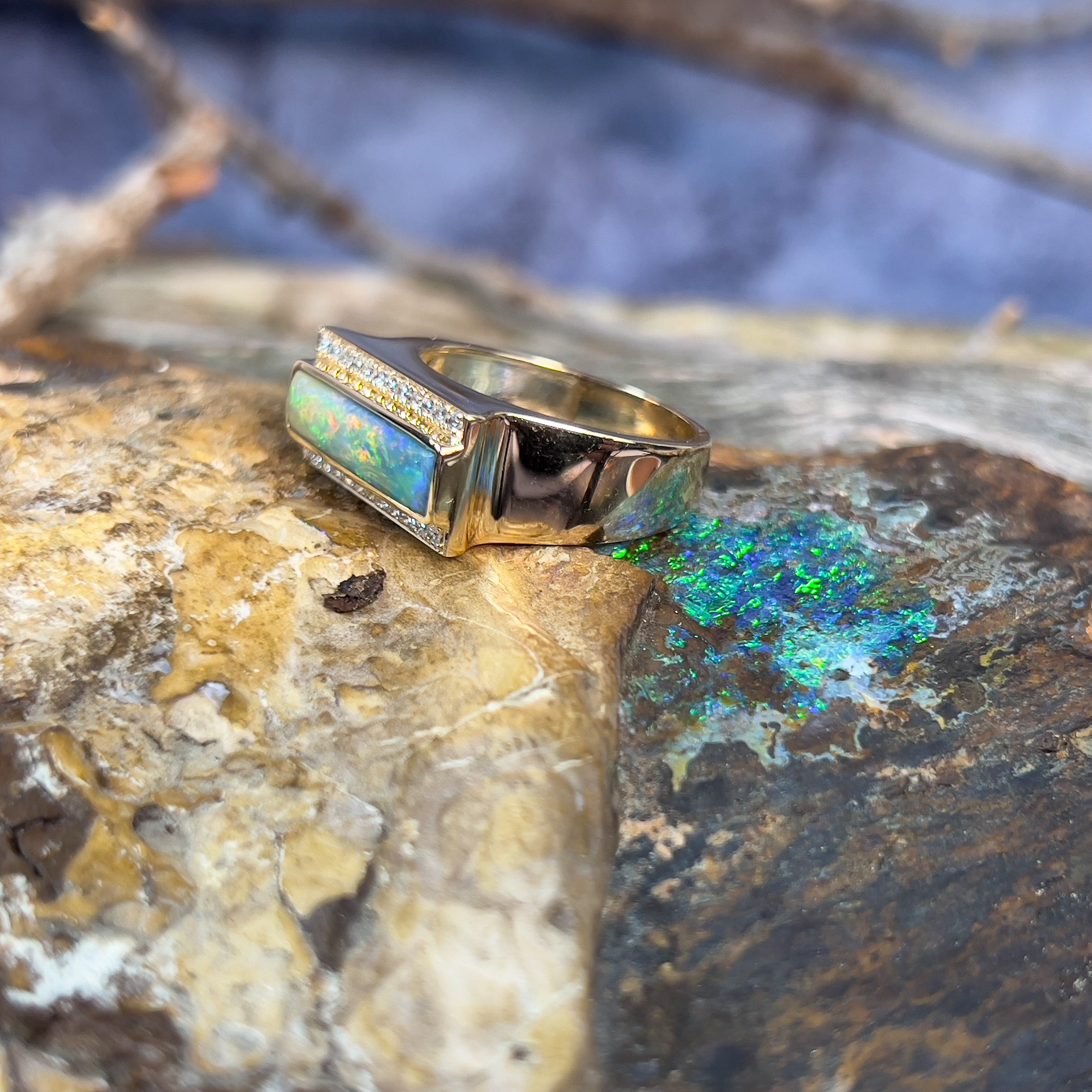 14kt Yellow Gold Boulder oPal 2.13ct and 0.25ct Diamond ring - Masterpiece Jewellery Opal & Gems Sydney Australia | Online Shop