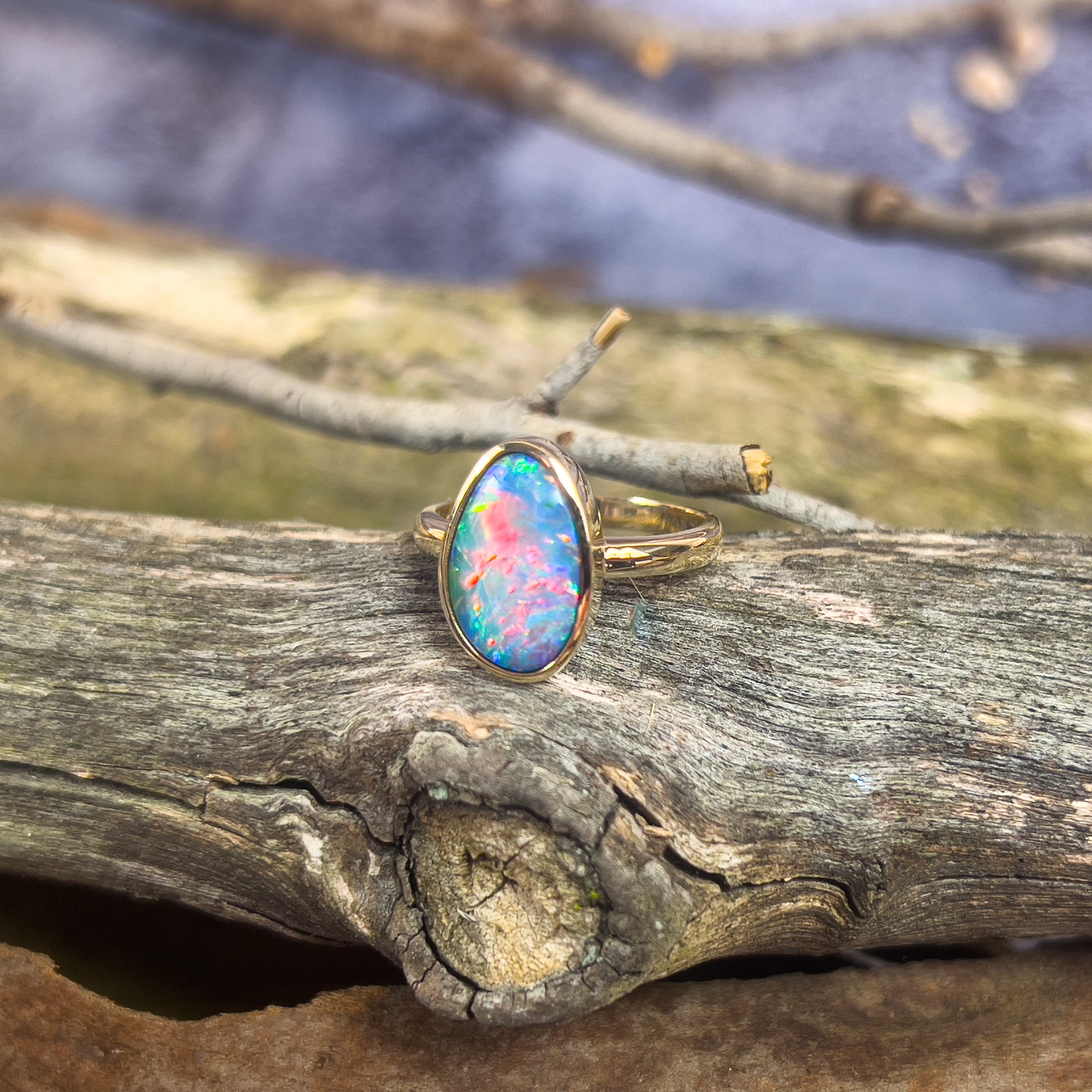 14kt Yellow Gold solitaire Black Opal 2.9ct doublet bezel set ring - Masterpiece Jewellery Opal & Gems Sydney Australia | Online Shop