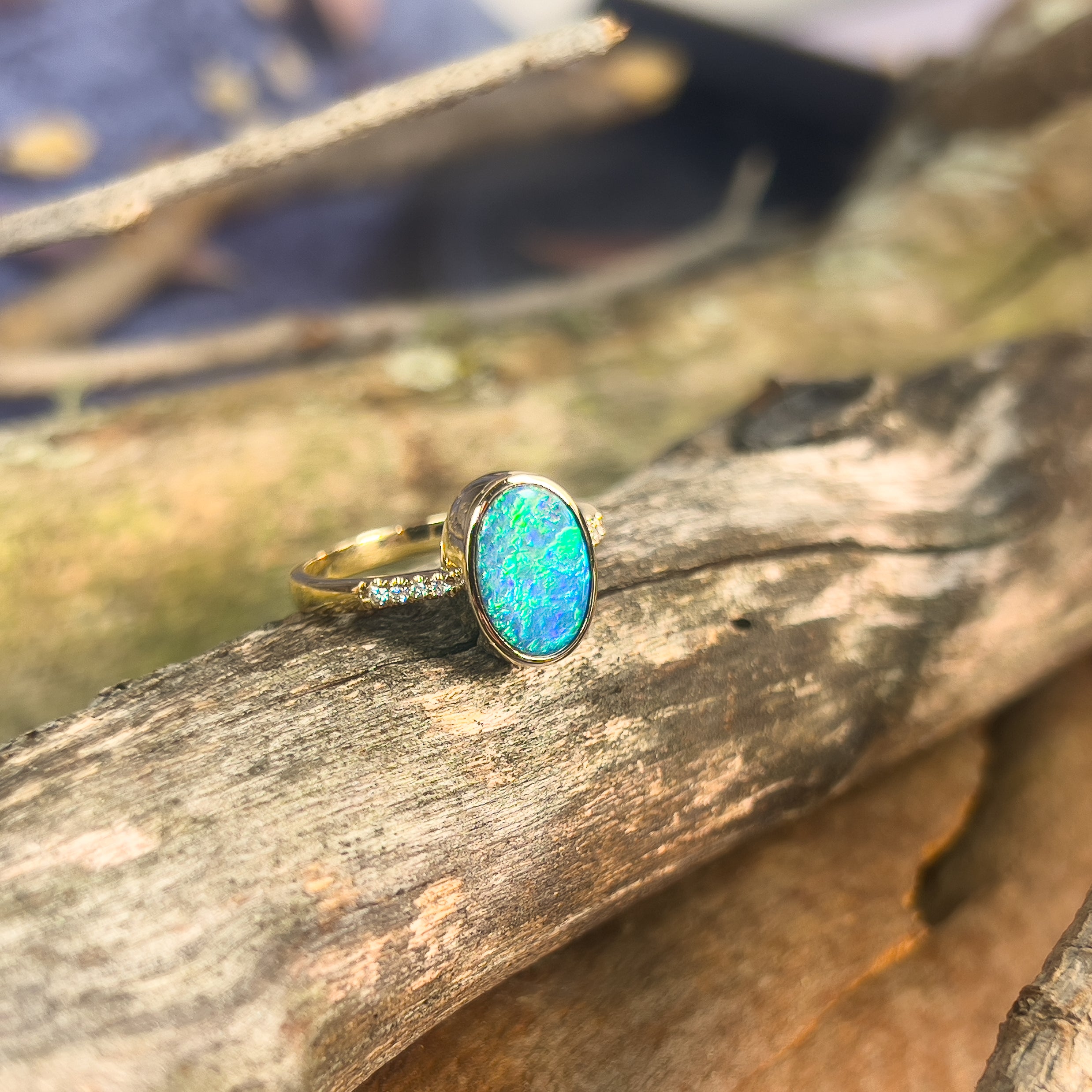 14kt Yellow Gold Black Opal 1.67ct doublet and diamond ring - Masterpiece Jewellery Opal & Gems Sydney Australia | Online Shop