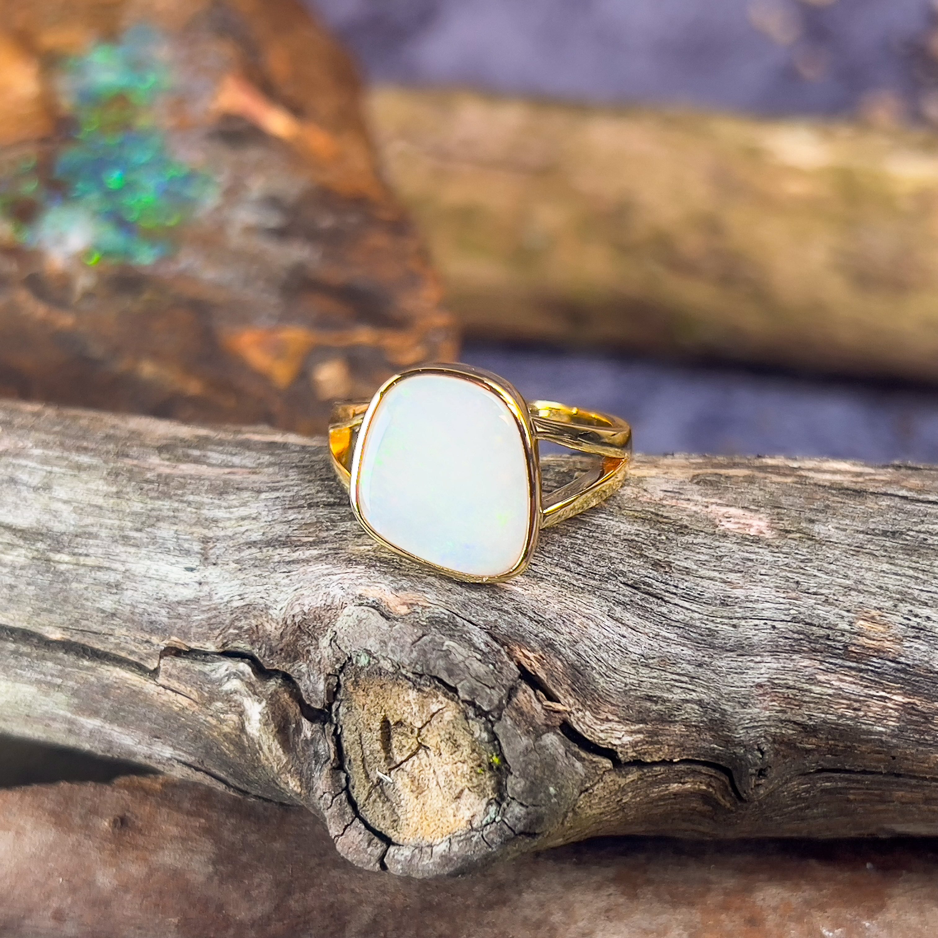 Gold Plated Sterling Silver solitaire bezel set white opal 3.1ct ring - Masterpiece Jewellery Opal & Gems Sydney Australia | Online Shop