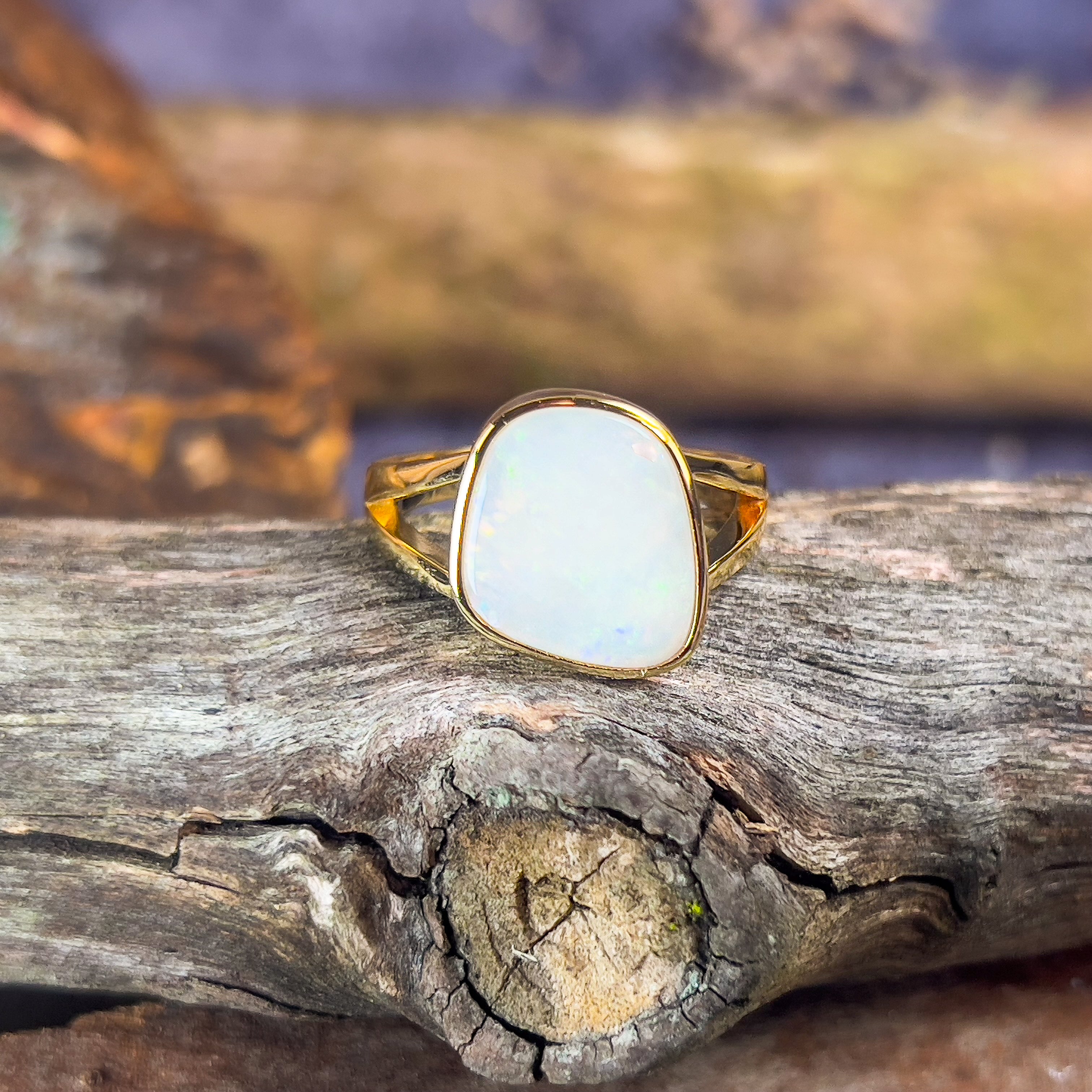 Gold Plated Sterling Silver solitaire bezel set white opal 3.1ct ring - Masterpiece Jewellery Opal & Gems Sydney Australia | Online Shop