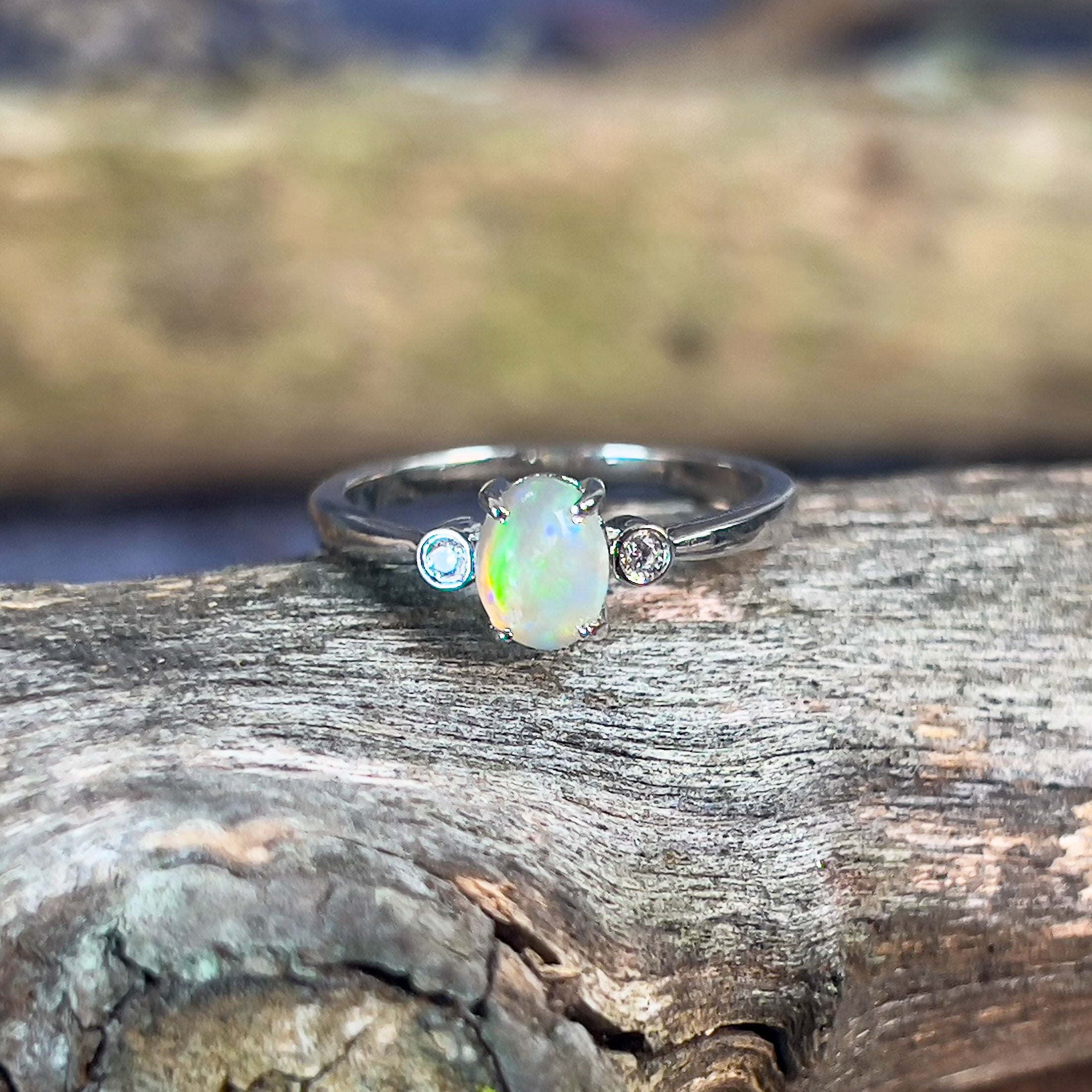 Sterling Silver Crystal Opal with cubic zirconias ring - Masterpiece Jewellery Opal & Gems Sydney Australia | Online Shop