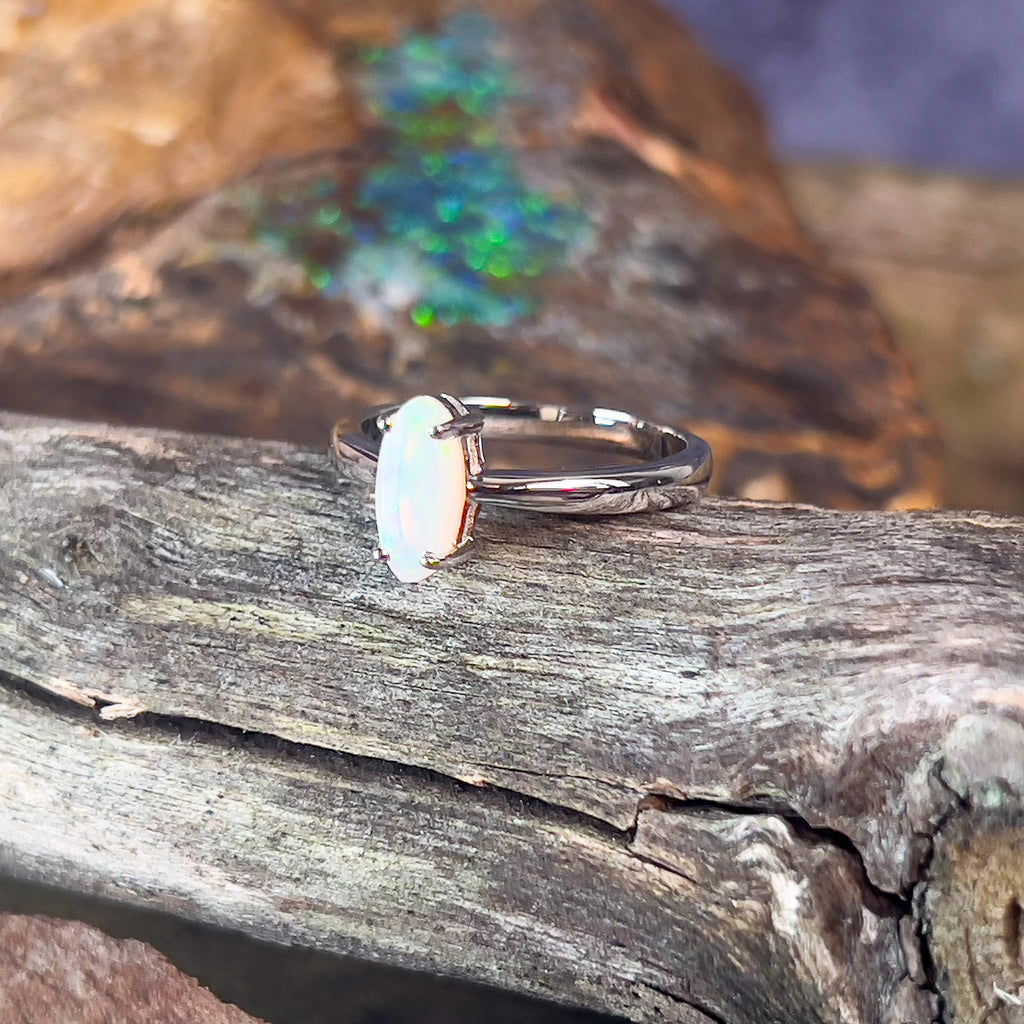 Sterling Silver White Opal solitaire ring 9x4mm - Masterpiece Jewellery Opal & Gems Sydney Australia | Online Shop