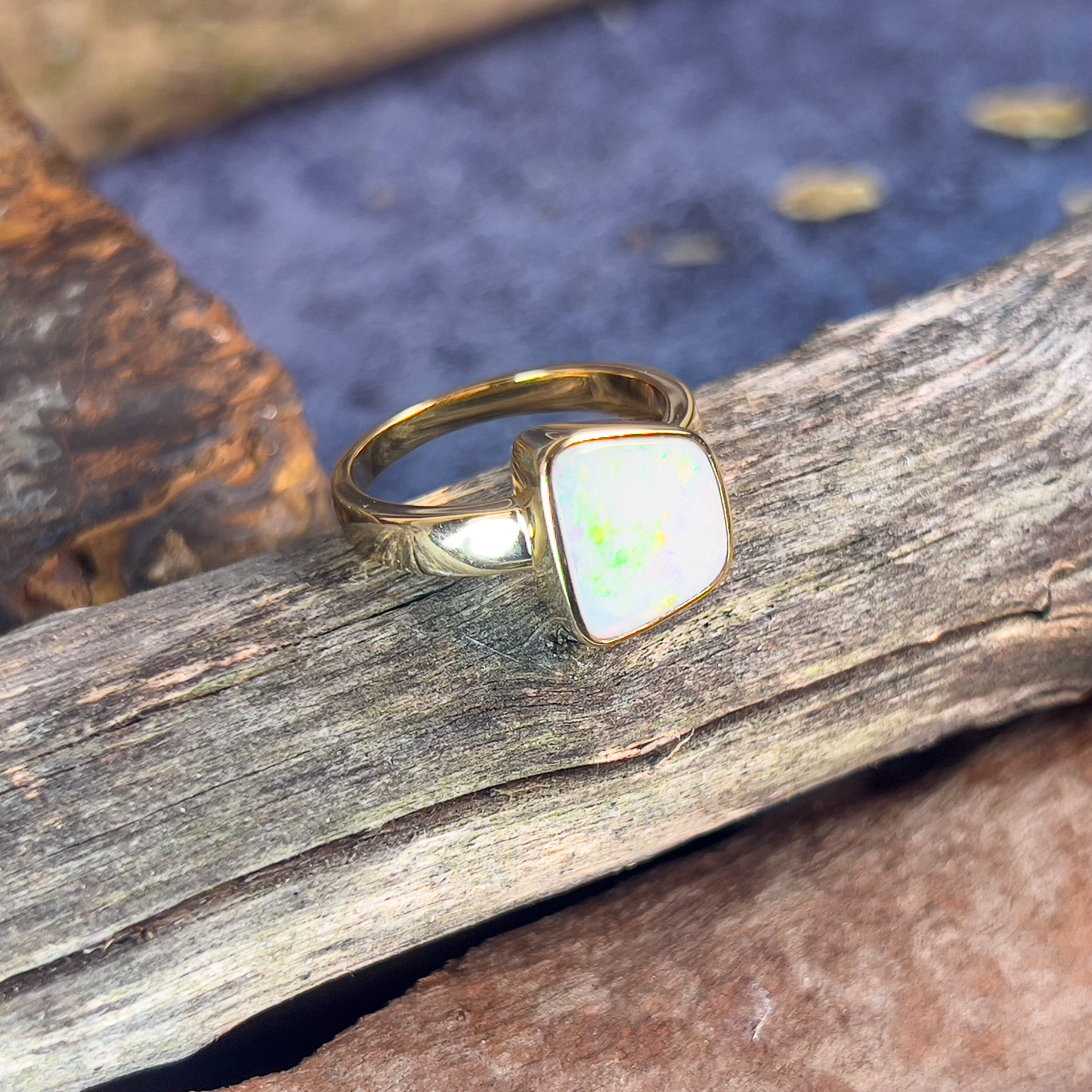 Gold plated Sterling Silver White Opal 1.25ct bezel set ring - Masterpiece Jewellery Opal & Gems Sydney Australia | Online Shop