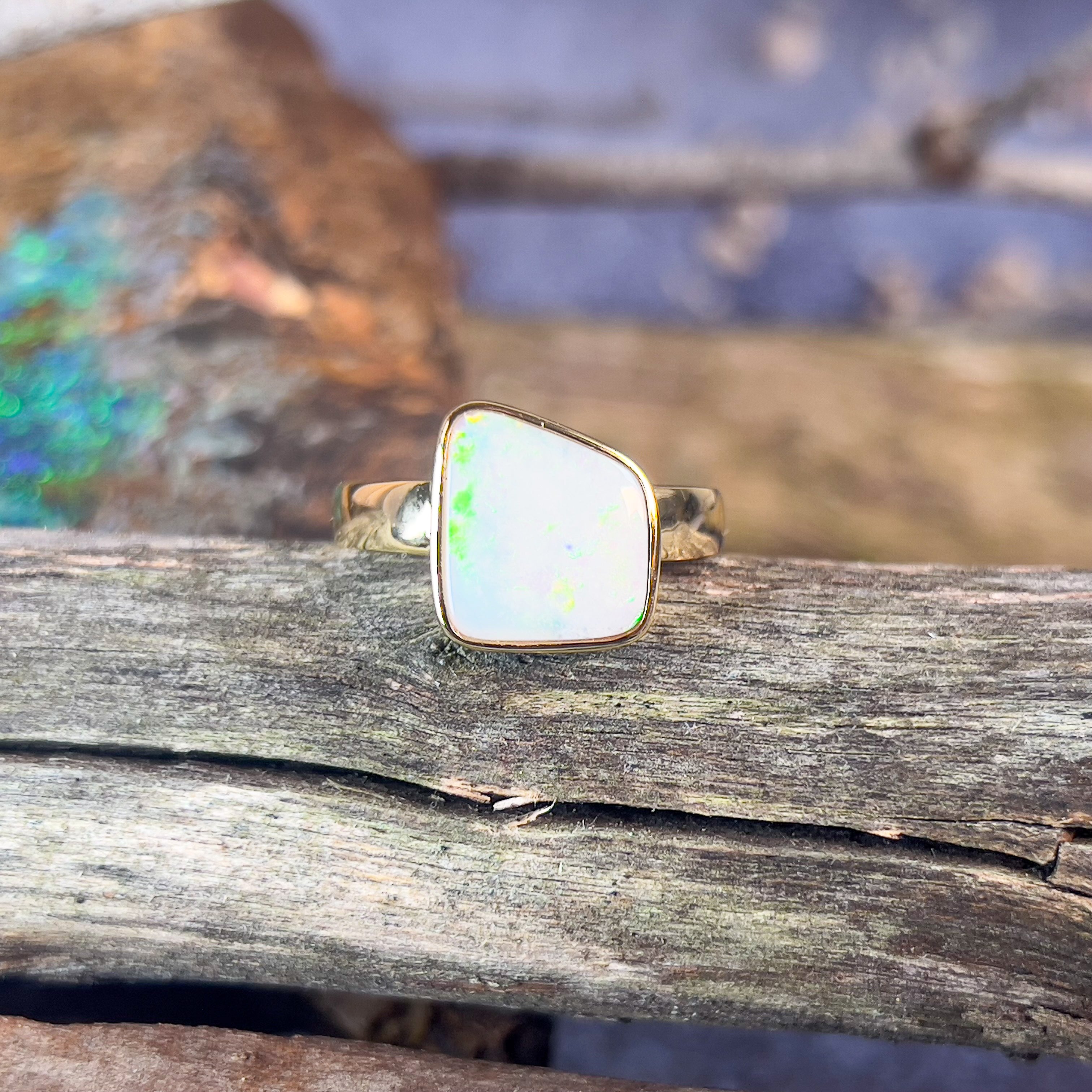 Gold plated Sterling Silver White Opal 1.25ct bezel set ring - Masterpiece Jewellery Opal & Gems Sydney Australia | Online Shop