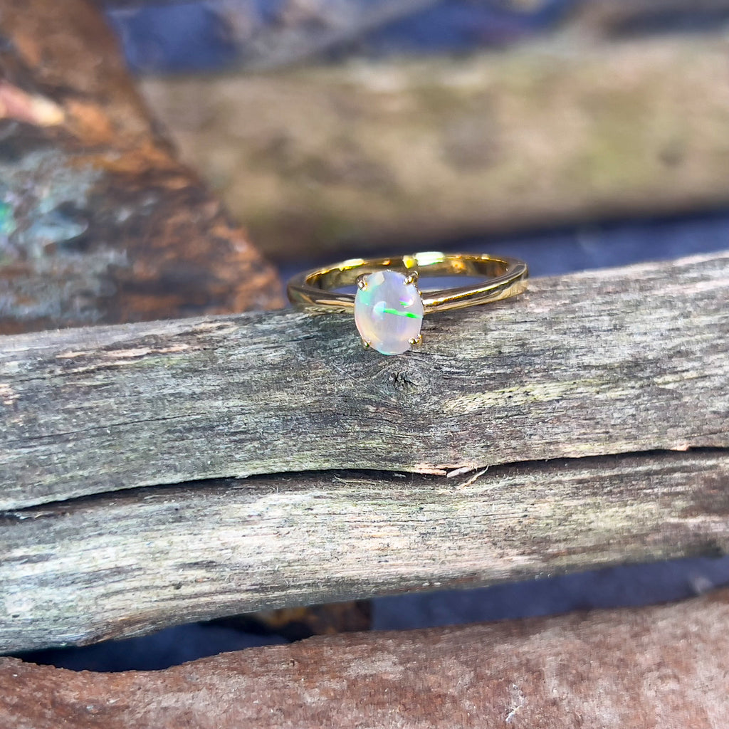 Gold plated sterling silver Black Opal 6.5x5.4mm solitaire ring - Masterpiece Jewellery Opal & Gems Sydney Australia | Online Shop