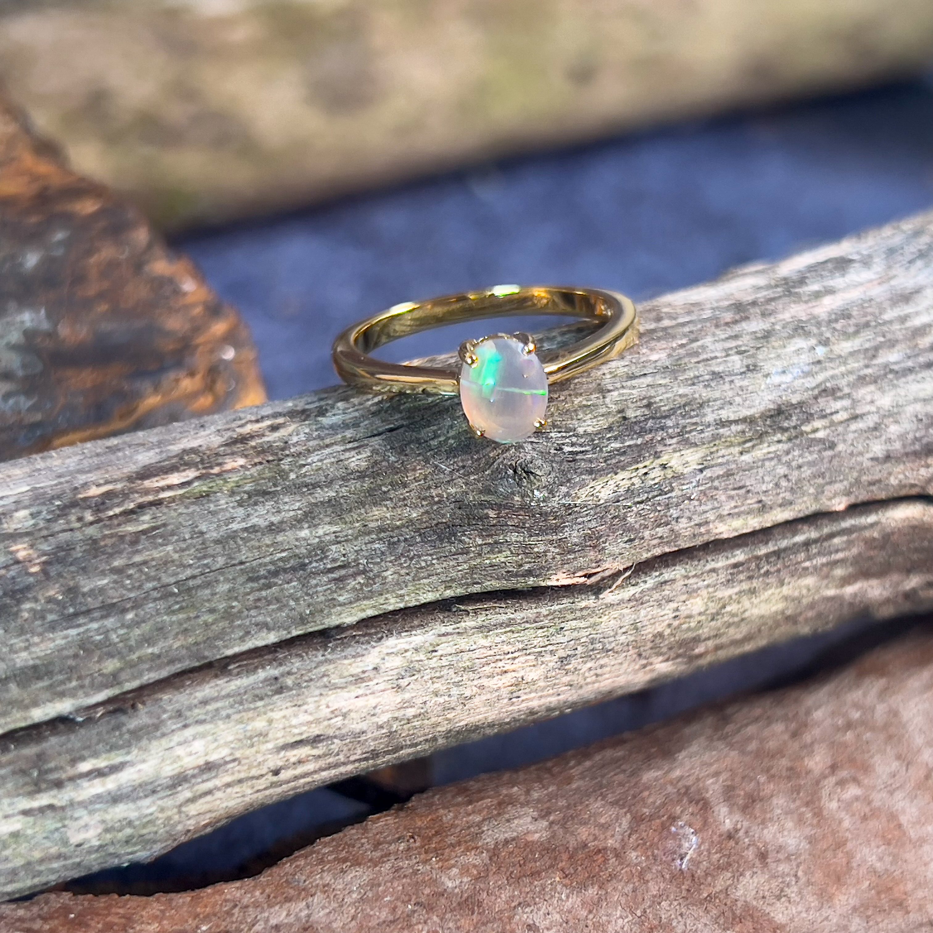 Gold plated sterling silver Black Opal 6.5x5.4mm solitaire ring - Masterpiece Jewellery Opal & Gems Sydney Australia | Online Shop