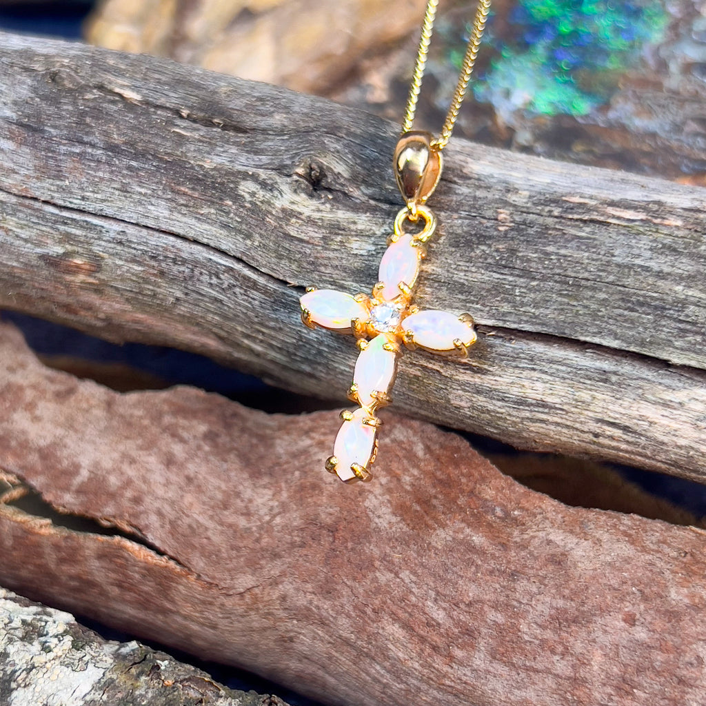 Sterling Silver Gold plated White Opal cross pendant - Masterpiece Jewellery Opal & Gems Sydney Australia | Online Shop